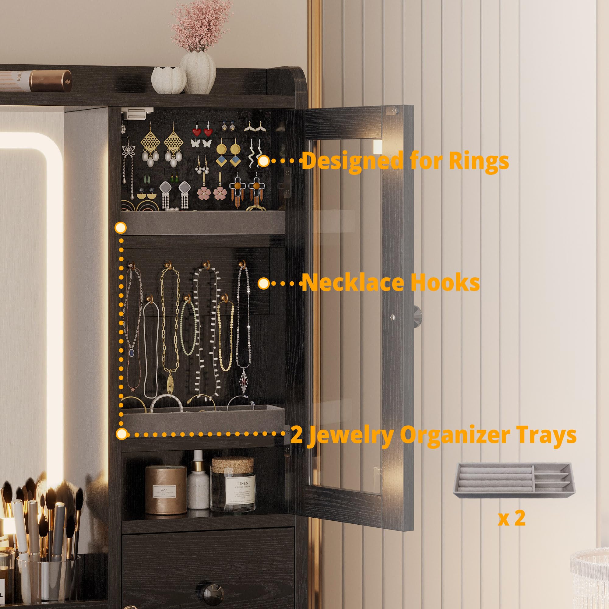 Black IRONCK LED Vanity Desk with Mirror & Charging Station - Perfect for Makeup & Jewelry Storage