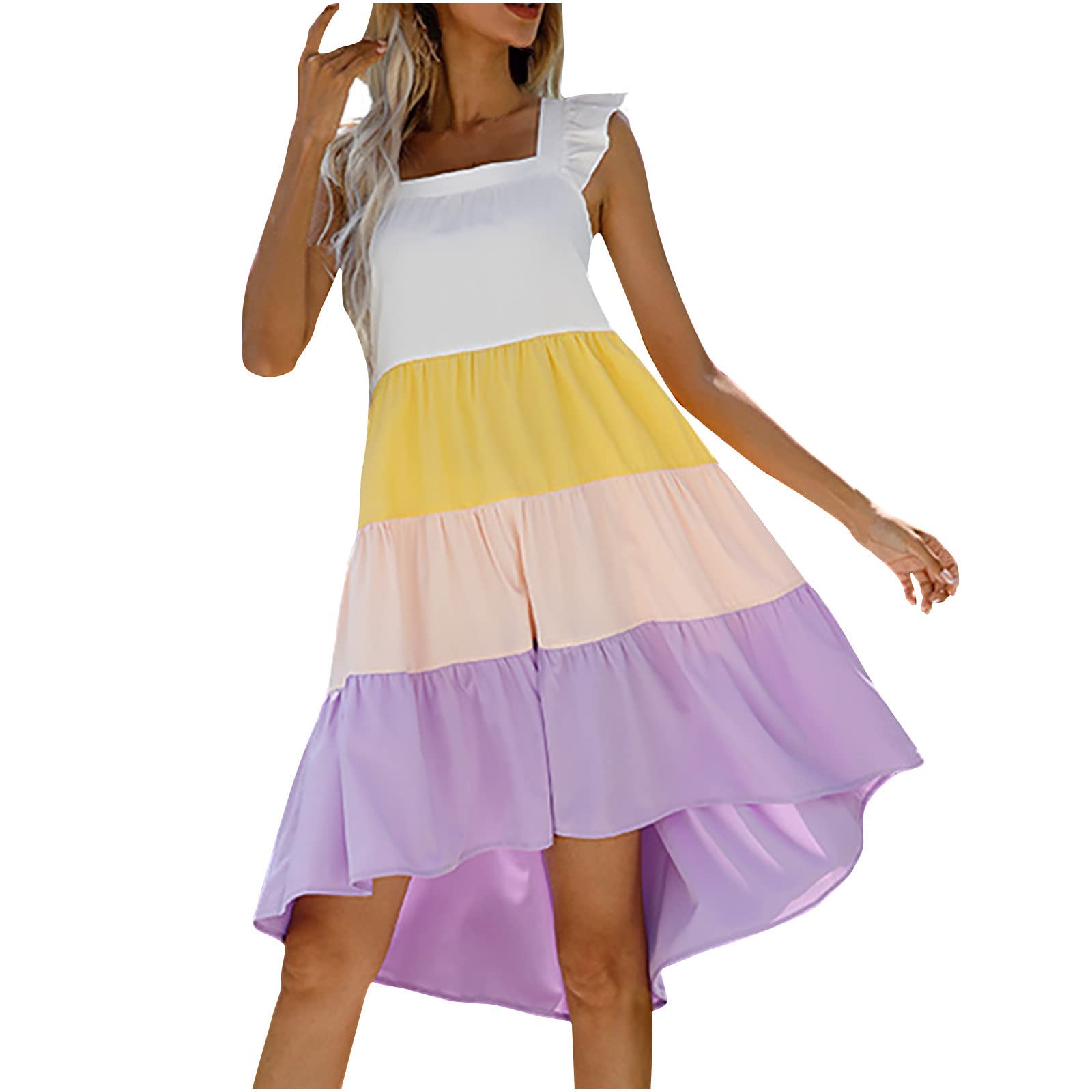 Women's Summer Sleeveless Patchwork Ball Gown Dress - Fashion Square Collar Casual Flounce Dress for Beach, Party & Vacation Outfits