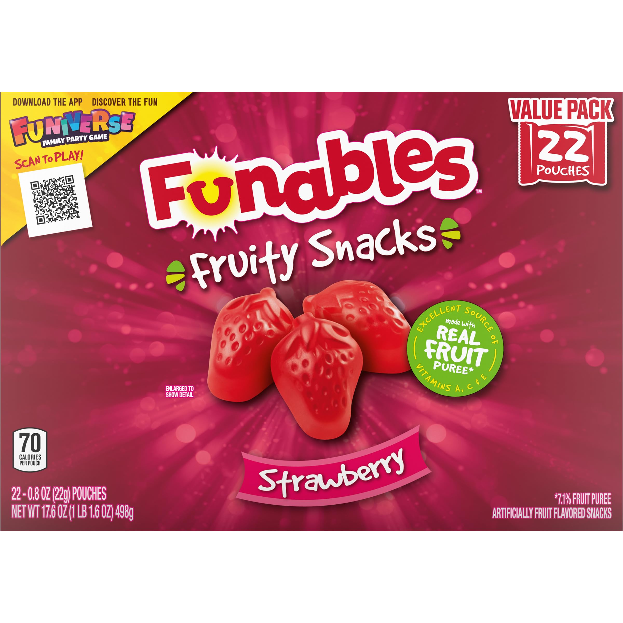 Funables Strawberry Fruit Snacks - 0.8oz Pouches (22 Count) | Gluten Free, Vegan & Kid-Friendly | Perfect for Lunchboxes, After-School Snacks & On-the-Go Treats