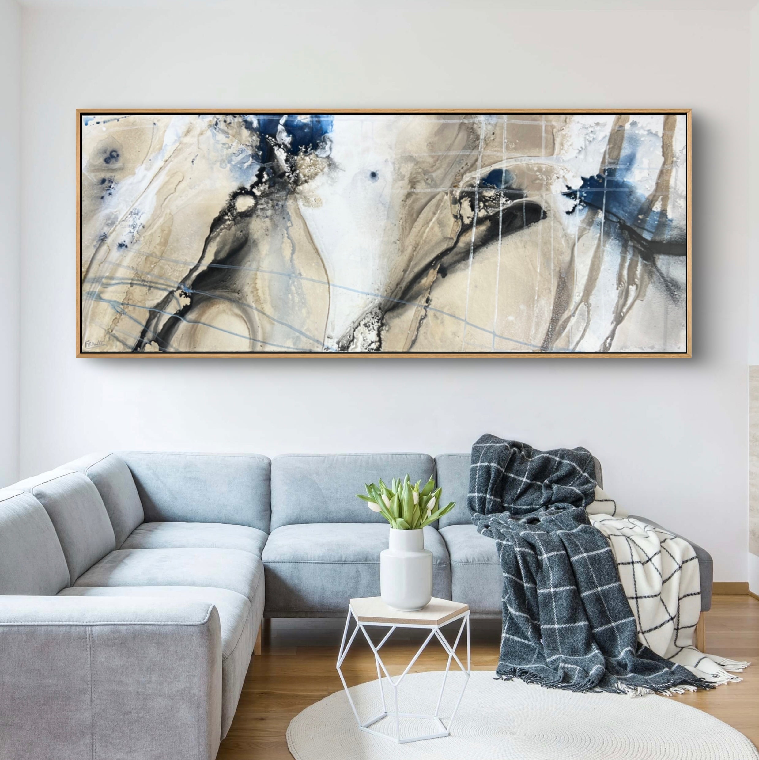 208x80cm Blue Rust Cream White Blended Abstract Canvas Painting - Modern Wall Art for Living Room, Bedroom & Office Decor