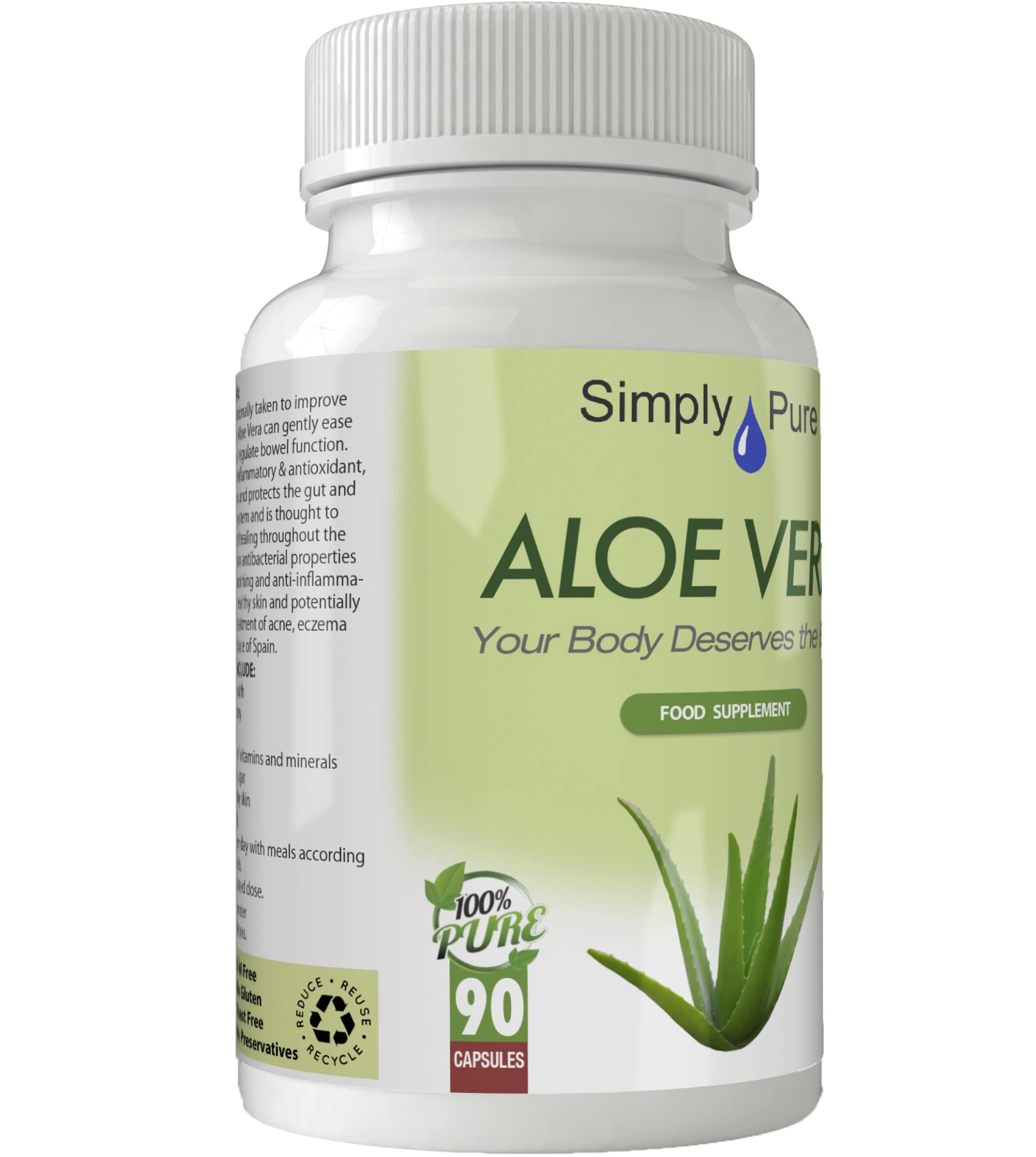 Simply Pure Aloe Vera Capsules for Digestive Health - 25mg x 90 Count | 200:1 Extract (Equivalent to 5g Pure Aloe Vera Gel) | Gluten Free, Non-GMO, Vegan Supplement | Supports Gut Health & Digestion - Perfect for Daily Wellness Routine
