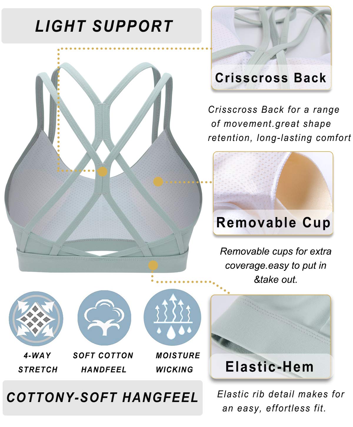 RUNNING GIRL Women's Strappy Sports Bra - Sexy Crisscross Back Yoga Bra with Removable Pads - Light Support Workout Top for Running, Gym & Yoga