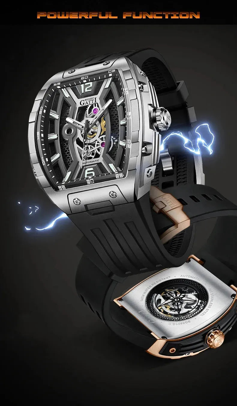 Luxury BONEST GATTI Men's Automatic Mechanical Watch 46MM Tonneau Case - Waterproof Sapphire Crystal Skeleton Dial with Luminous Hands & Viton Strap - Perfect for Business, Formal Events & Gift Giving