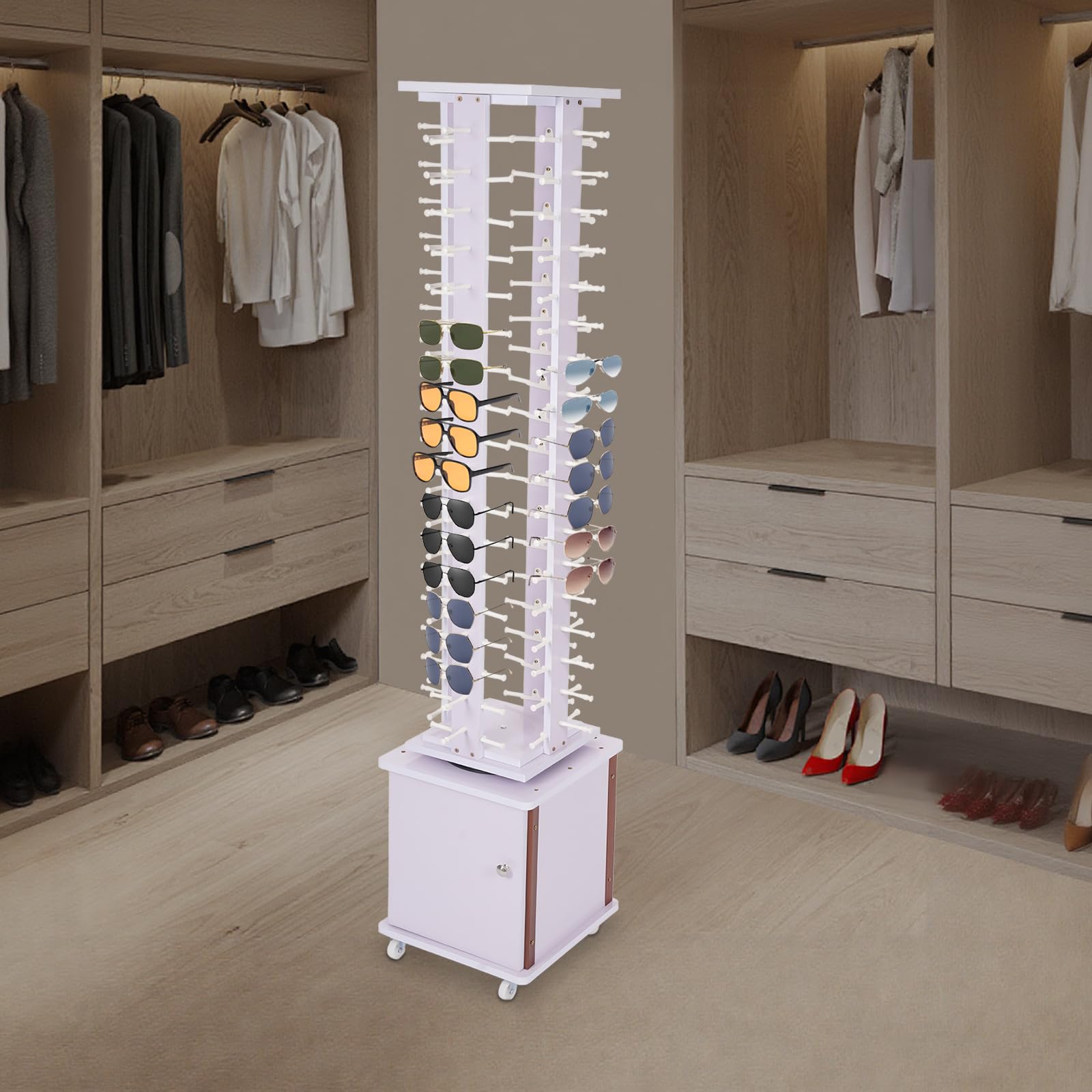 360° Rotating Glasses Storage Display Stand with Cabinet & Wheels - Purple Sunglasses Retail Floor Display Organizer Holds 72 Pairs - Perfect for Eyewear Stores, Boutiques & Optical Shops