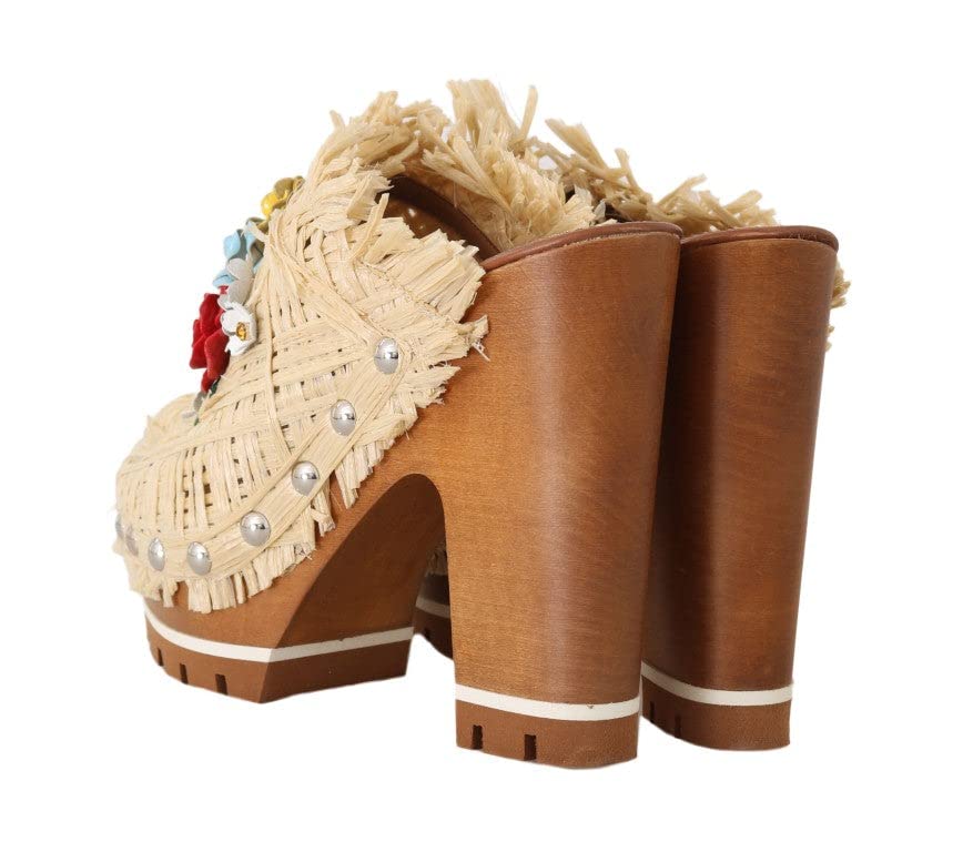 Dolce & Gabbana Women's Beige Raffia Mules with Floral Design - Comfortable Summer Slide Sandals for Beach, Poolside & Casual Outings