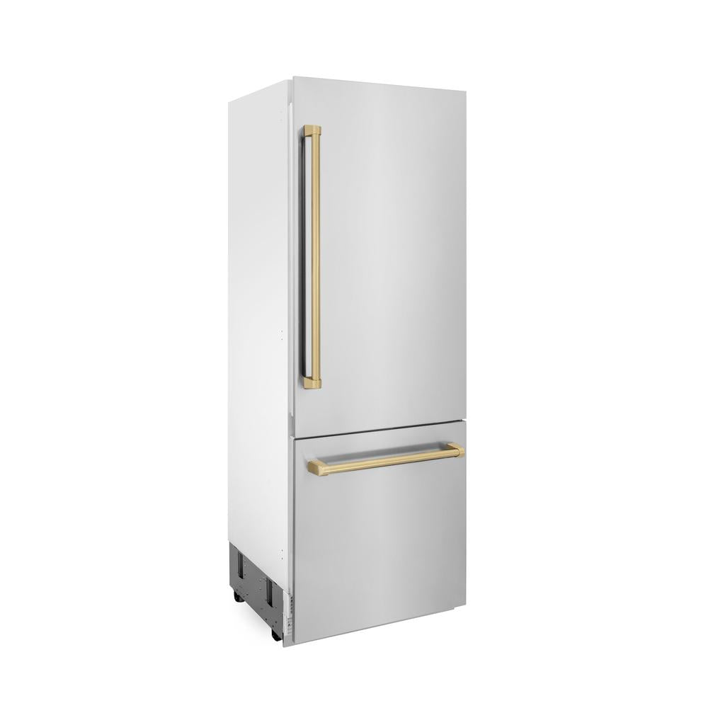 ZLINE Autograph Edition 30 Inch Built-In Bottom Freezer Refrigerator - 16.1 cu ft Stainless Steel with Champagne Bronze Accents - Water Dispenser & Ice Maker - Perfect for Modern Kitchens & Open Concept Homes (RBIVZ 304 30 CB)