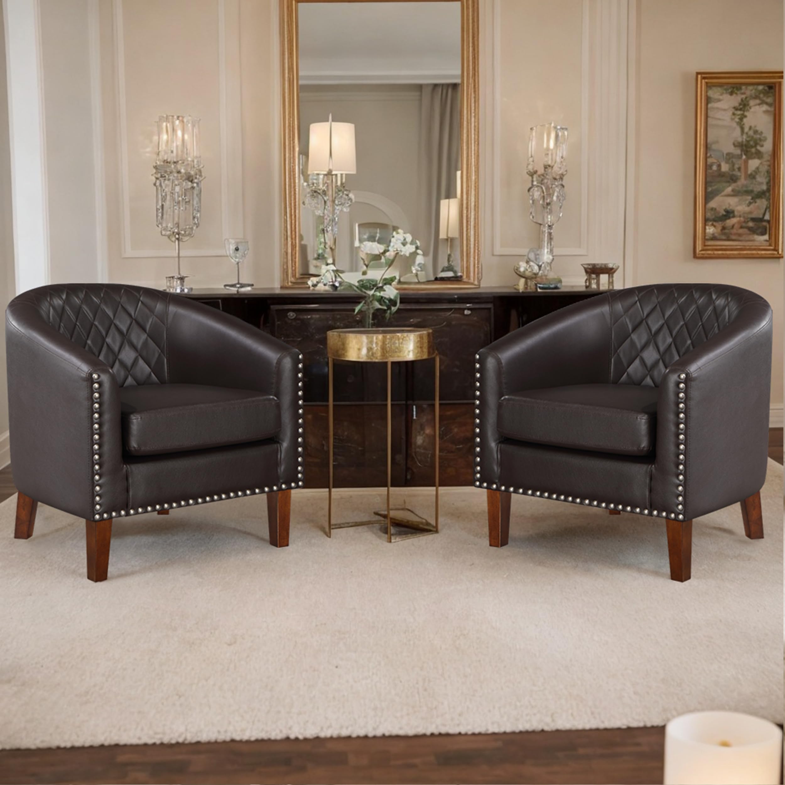 Premium Faux Leather Barrel Accent Chair Set of 2 - Comfortable Living Room Club Chairs with Cushion, Diamond Grid Backrest & Nailhead Trim - Perfect for Home Office, Bedroom, Guest Room & Waiting Areas (Brown) - Great for Relaxing, Reading or Adding Elegant Seating to Any Space
