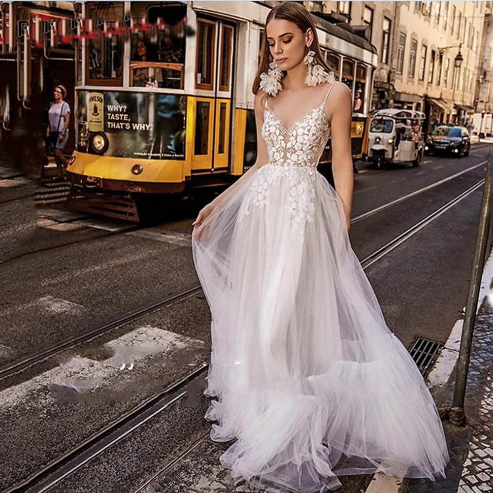 Elegant A-Line Backless Lace Beach Wedding Dress for Bride | Summer Bridal Gown for Women | Perfect for Beach, Garden & Destination Weddings