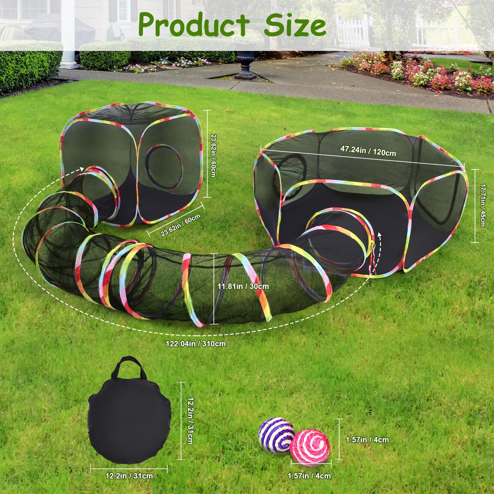 Upgraded Outdoor Cat Enclosures & Play Tunnels - Large Foldable Cat Tent with 6 Play Ways, Portable Kitty Playhouse Includes 2 Balls for Cats & Small Pets | Perfect for Backyard, Patio, Camping & Indoor Play