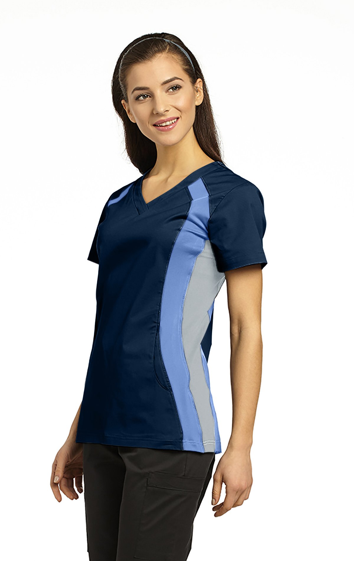 White Cross Allure Women's 715 Contrast Knit Side Panel Scrub Top - Navy/Ceil Blue/Grey - Large | Comfortable Medical Uniform for Nurses & Healthcare Professionals