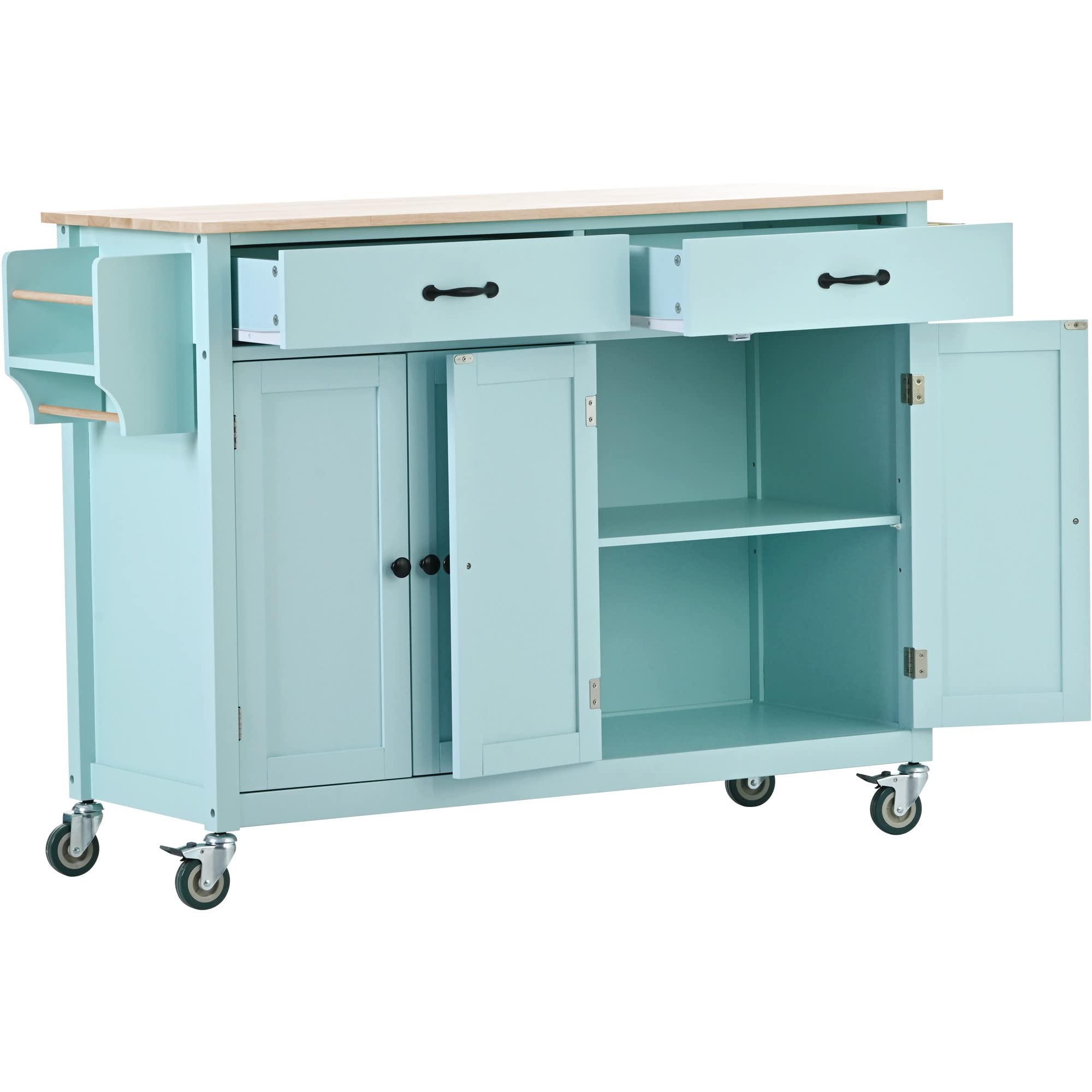 Large Rolling Kitchen Island with Storage Cabinets & 2 Drawers, Solid Wood Top, Mint Green - Perfect for Dining Room & Small Kitchen Spaces