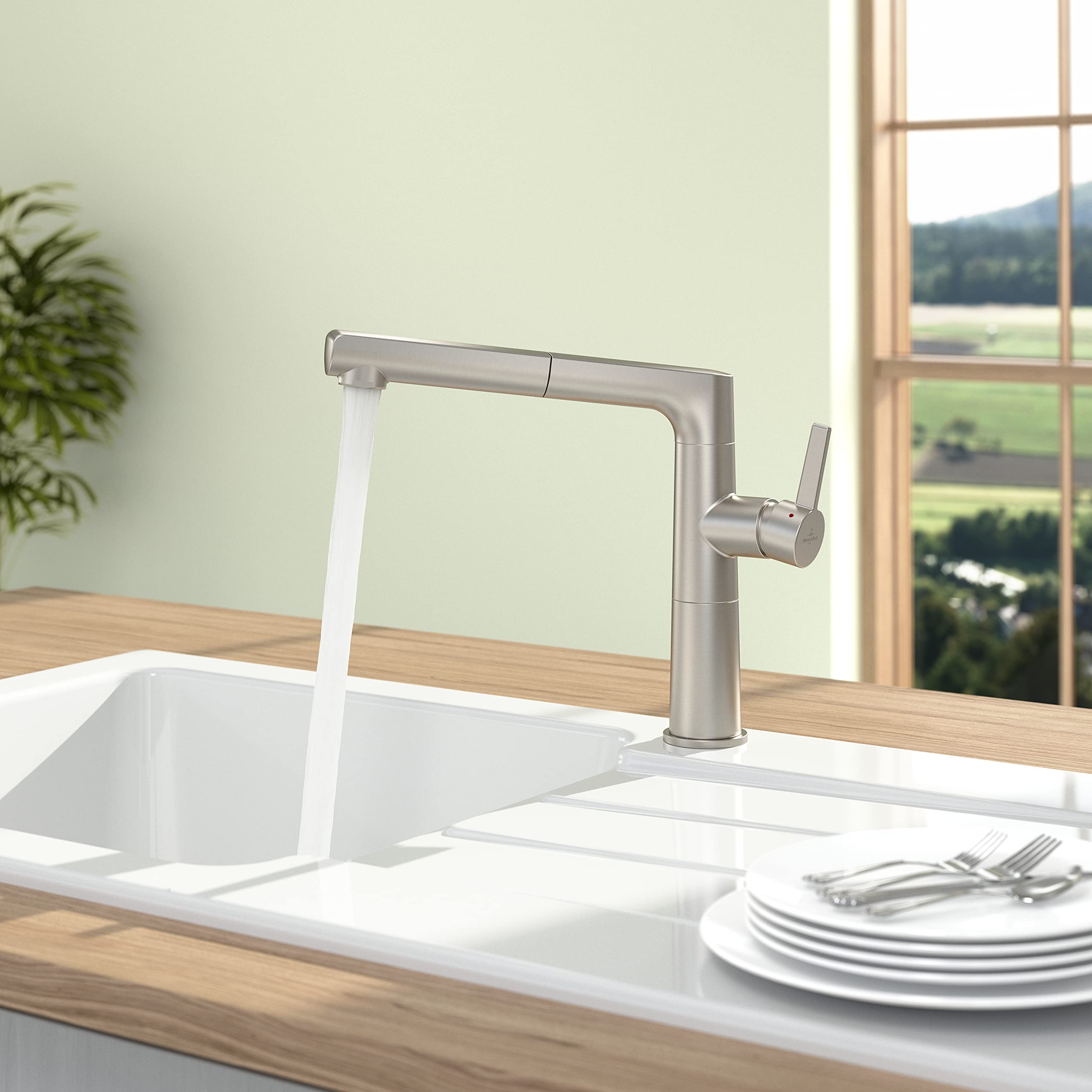 Villeroy & Boch VB-9269 00 LC Sorano Sky Shower Kitchen Faucet in Brushed Stainless Steel - Modern Pull-Down Sprayer for Sink, Ideal for Cooking and Dishwashing