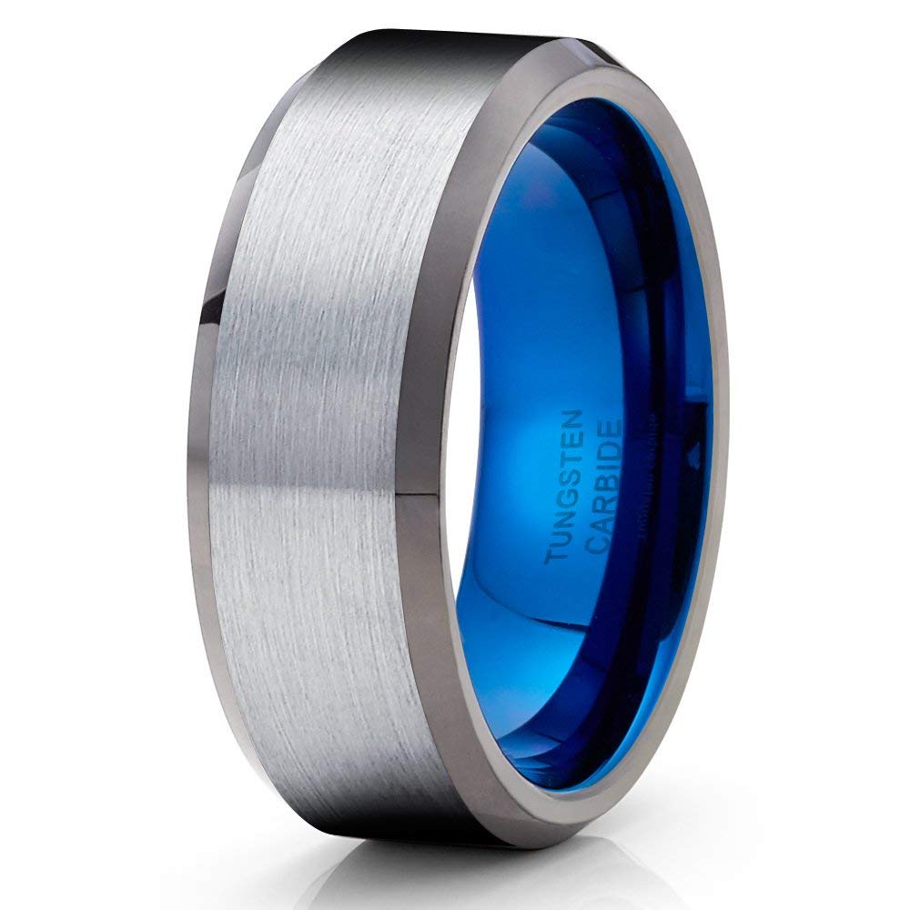 Blue Tungsten Carbide Wedding Band for Men - 8mm Gunmetal Engagement Ring - Durable & Scratch Resistant - Perfect for Everyday Wear & Special Occasions