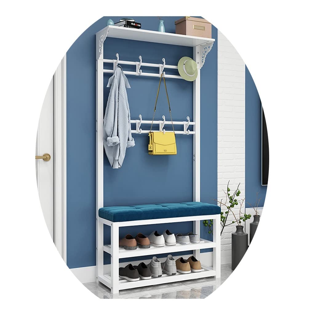 Industrial 4-in-1 Hall Tree Coat Rack with Shoe Bench - 2-Tier Entryway Storage Shelf & Hooks - White Blue Metal Frame (80x30x172cm) - Perfect for Small Spaces, Apartments & Mudroom Organization