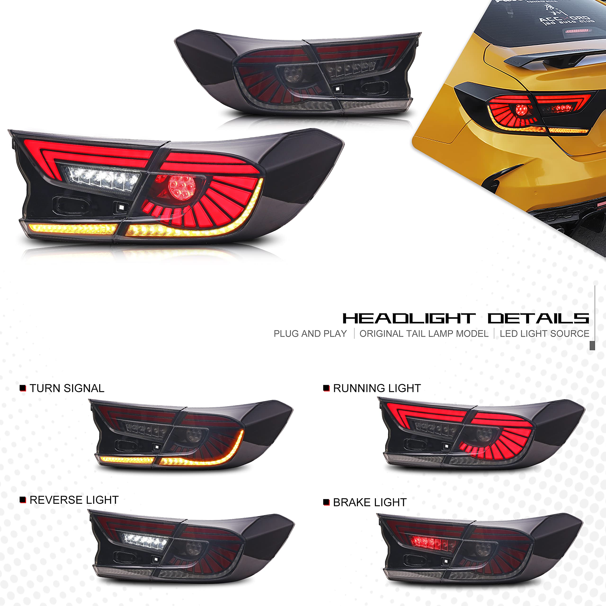INGINUITY TIME LED Tail Lights for Honda Accord 10th Gen (2018-2022) - Smoked Sequential Turn Signal DRL Rear Lamp Assembly - Upgrade Your Car's Style & Safety at Night Driving