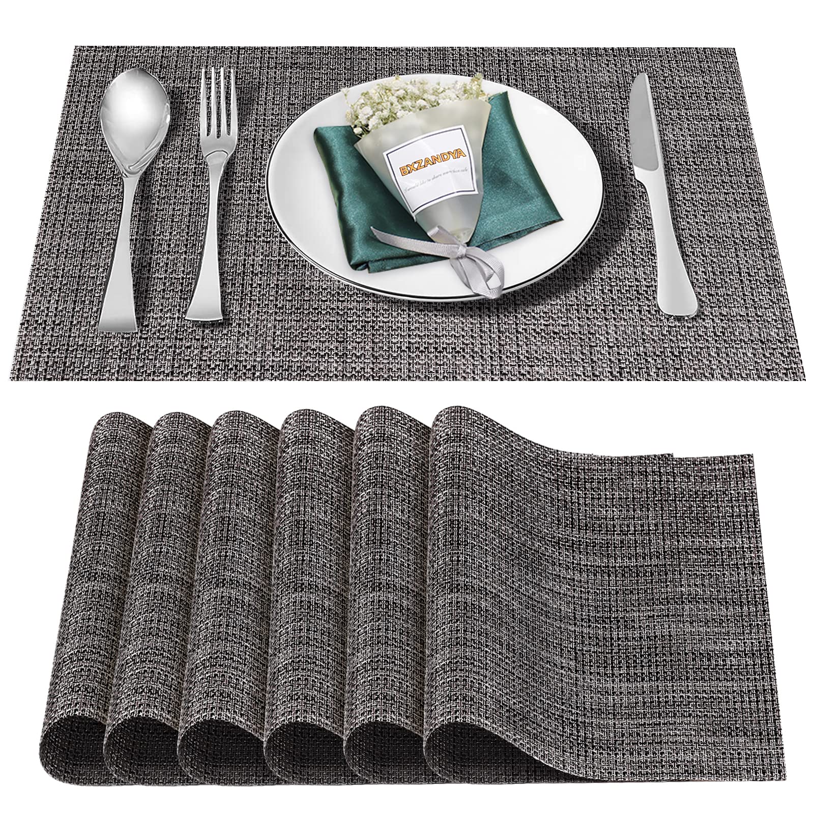 Boho Plastic Woven Placemats Set of 6 - Washable, Heat Resistant Table Mats for Indoor & Outdoor Dining - Durable Decor for Kitchen, Patio, Picnic, and Party Use