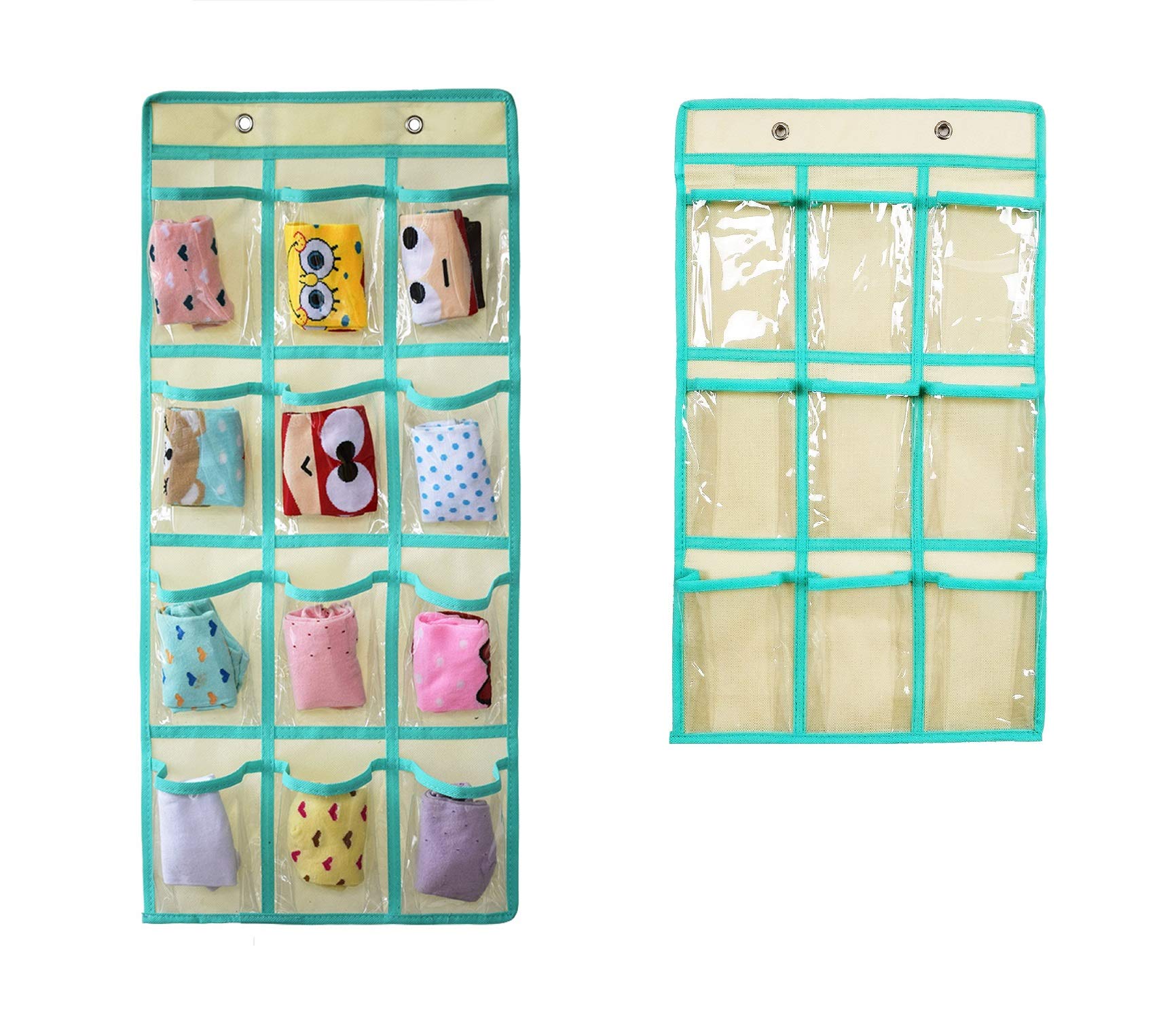 NIMES Over The Door Organizer with Clear Pockets - Hanging Closet Storage for Underwear, Socks, Jewelry, Classroom Supplies, Cell Phones & Calculators (Beige, 12+9 Pockets) - Perfect for Dorm Rooms, Bedrooms & Small Space Organization