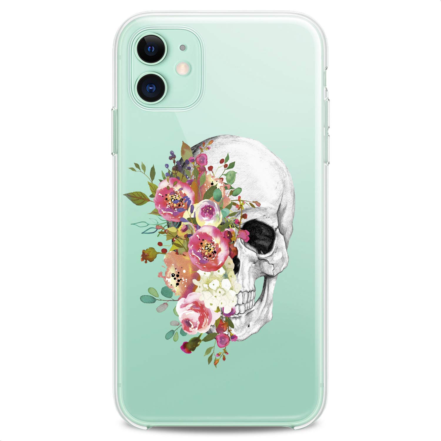Premium TPU Phone Case for iPhone 16/15/14/13/12/11 Pro Max/Plus/Mini/XS/XR/X/8+/7/6/5/SE - Clear Floral Skull Design, Boho Pink Cute Flowers Print, Slim Flexible Silicone Protective Cover - Perfect for Teens, Girls, Fashion Lovers & Everyday Use