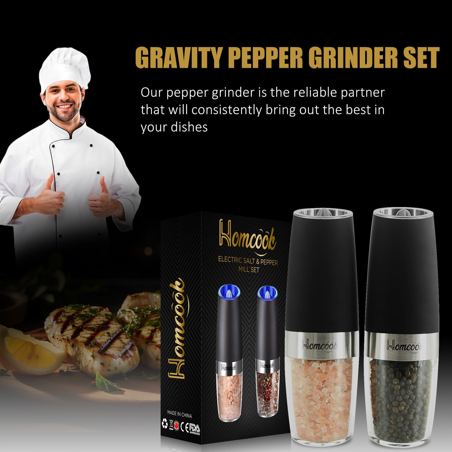 Premium Electric Salt and Pepper Grinder Set - Automatic Battery-Operated Mill with Adjustable Coarseness, LED Light & Transparent Container - Stainless Steel Black Shakers (2 Pack) - Perfect for Kitchen, Dining Table, BBQ, Camping & Gift Giving