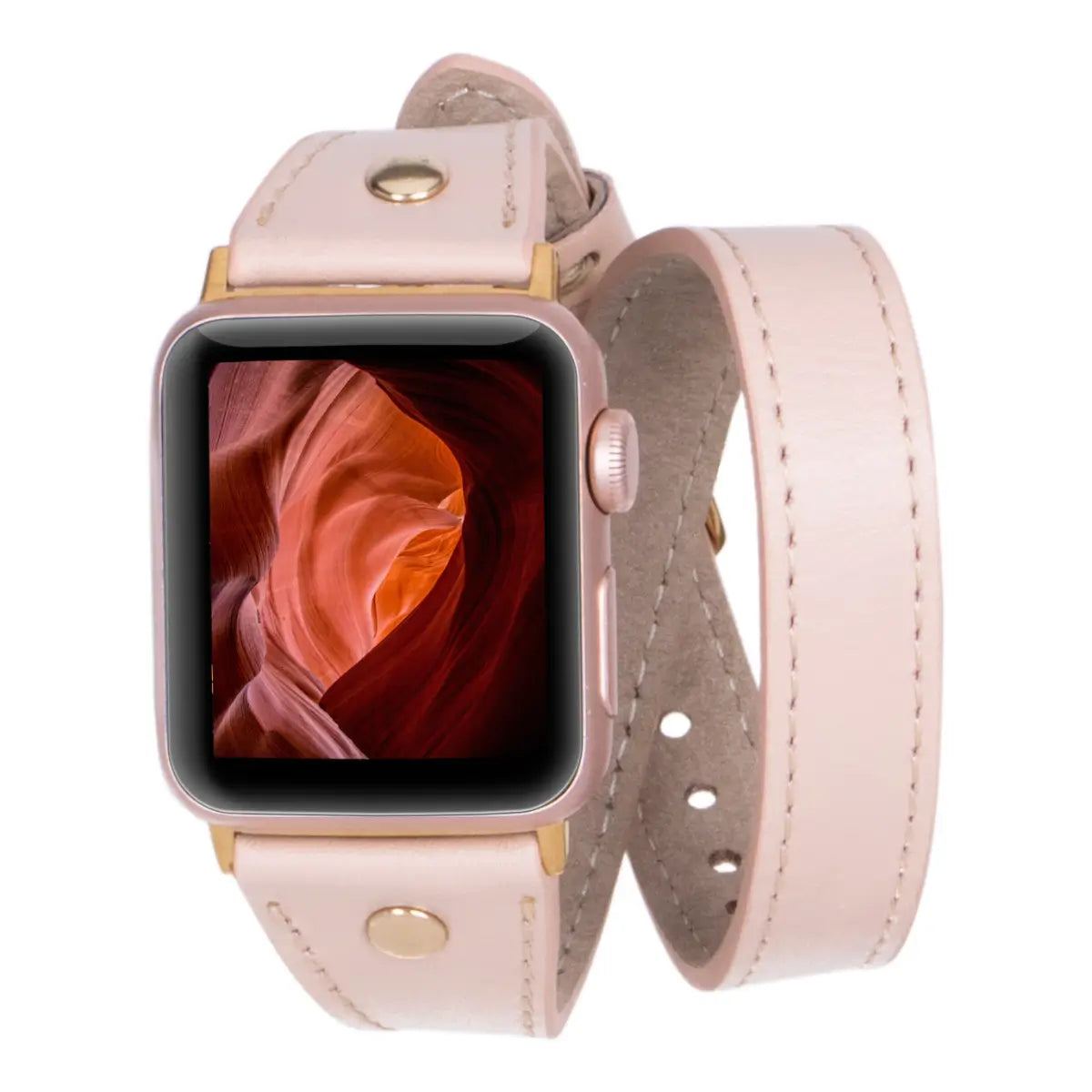 Elegant Nude Leather Double Tour Slim Apple Watch Band with Gold Rivet - Perfect for Work, Casual & Formal Occasions