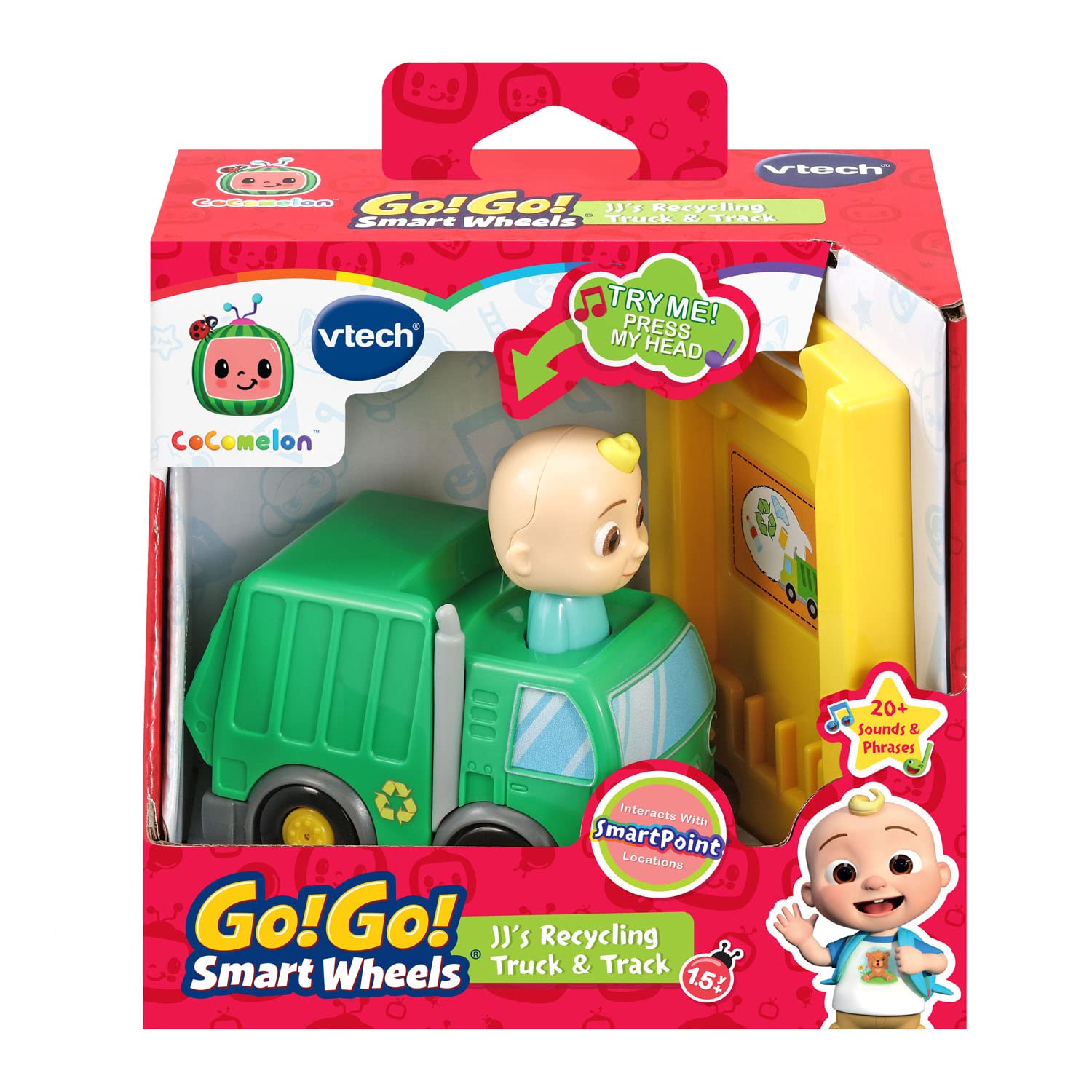 VTech CoCoMelon Go! Go! Smart Wheels JJ’s Recycling Truck and Track Set - Interactive Learning Toy for Toddlers & Kids Ages 1-5 - Educational STEM Toy with Lights & Sounds - Perfect for Pretend Play & Recycling Awareness