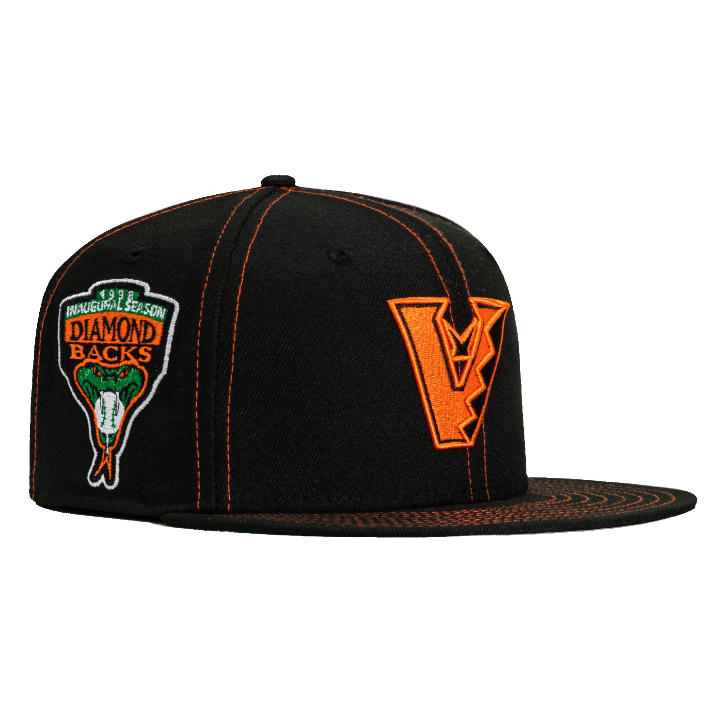 New Era 59Fifty Arizona Diamondbacks Contrast Stitch Snapback Hat with Inaugural Patch - Black & Light Orange | Official MLB Baseball Cap for Fans & Streetwear Fashion