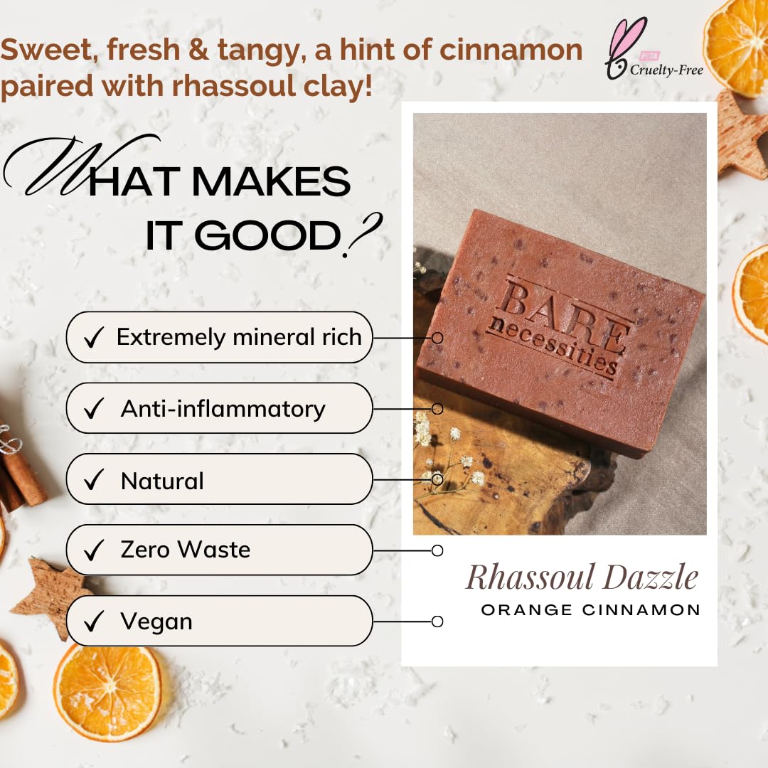 Bare Necessities Rhassoul Dazzle Handmade Soap Bar - Natural Orange & Cinnamon Scented Cold Processed Soap for Men & Women (75g) | Moisturizing Bath Soap for Dry & Sensitive Skin | Perfect for Daily Shower, Spa Day & Gift Giving