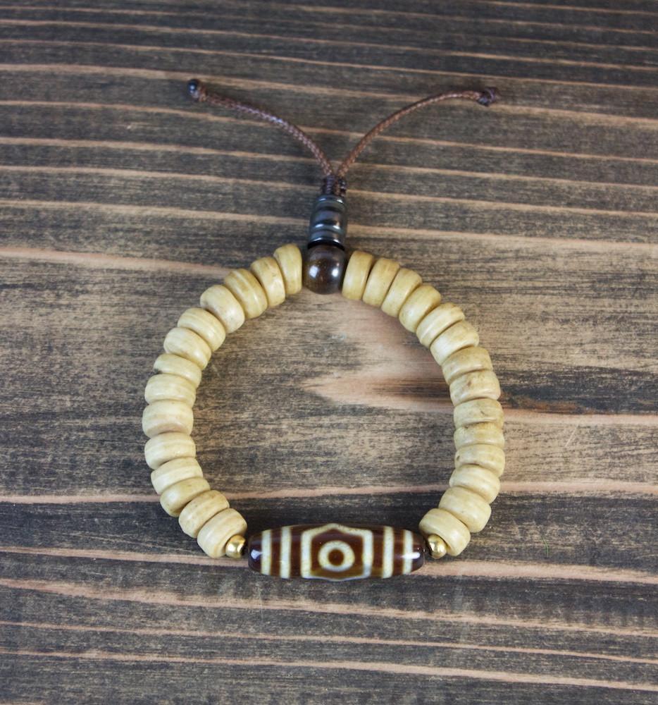 3 Eye Dzi Bead & Bone Bracelet - Tibetan Buddhist Prayer Beads for Meditation, Spiritual Protection & Good Luck - Perfect for Yoga, Mindfulness & Energy Healing Practices