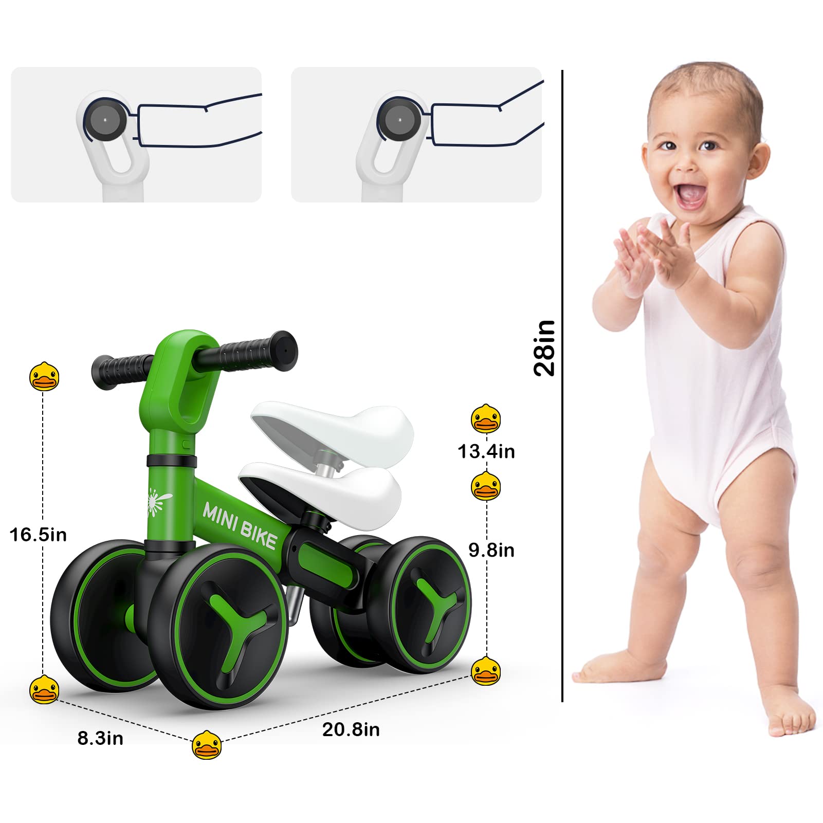 **Baby Balance Bike for 1-3 Year Old Boys & Girls | Adjustable Seat No-Pedal Toddler Bike with 4 Wheels | First Birthday & Christmas Gift | Indoor & Outdoor Learning Ride Toy**