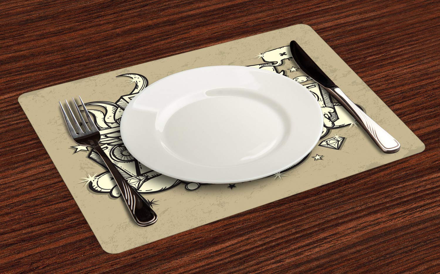 Lunarable Rap Place Mats Set of 4 - Hand-Painted DJ Disco Design with Speakers & Crown Music Theme | Washable Fabric Dining Mats for Kitchen & Restaurant Decor in Tan Cream & Black | Perfect for Parties, Music Lovers & Entertainment Events