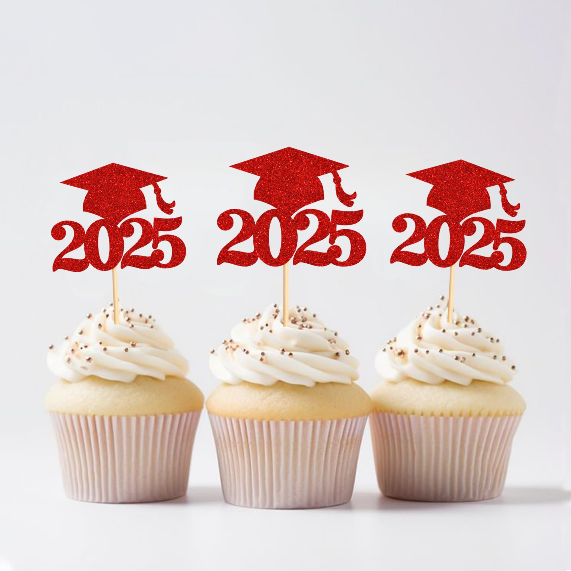 36 Pack 2025 Graduation Cap Cupcake Toppers - Glitter Class of 2025 Decorations for Graduation Party Supplies (Red) - Perfect for Graduation Cakes, Cupcakes, and Dessert Table Decor