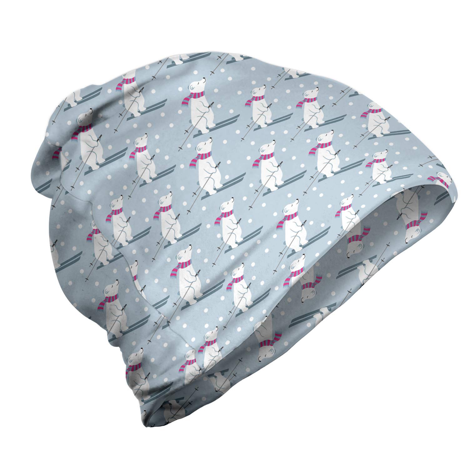 Ambesonne Unisex Beanie - Winter Skiing Bear & Snow Design - Warm Knit Hat for Men & Women - Perfect for Skiing, Hiking & Outdoor Winter Activities