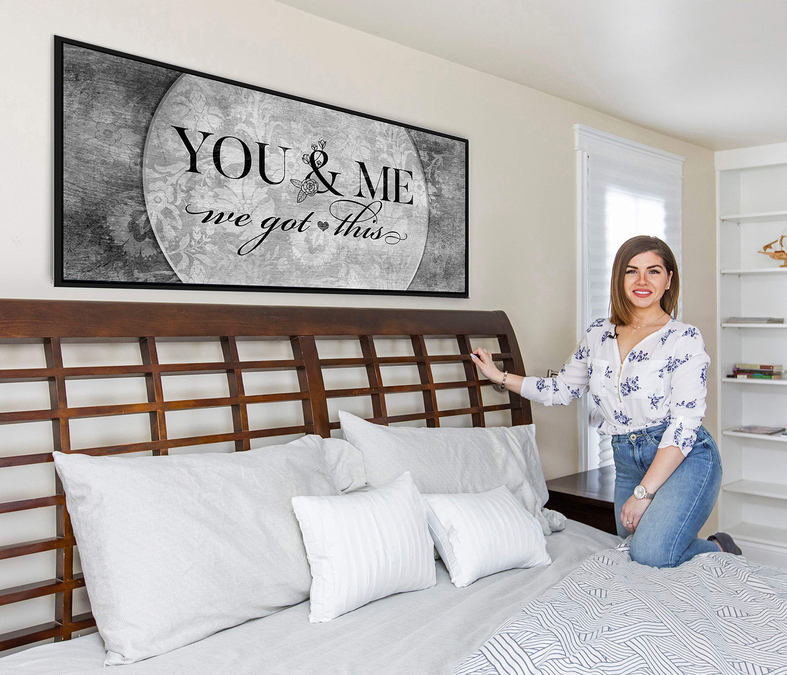 Above Bed Lovers Art - 'You & Me We Got This V5' Wood Framed Canvas - Rustic Bedroom Wall Decor for Couples - Ready to Hang Grey & Black Floating Frame (42x19 inches) - Perfect for Master Bedroom, Guest Room & Romantic Home Decor