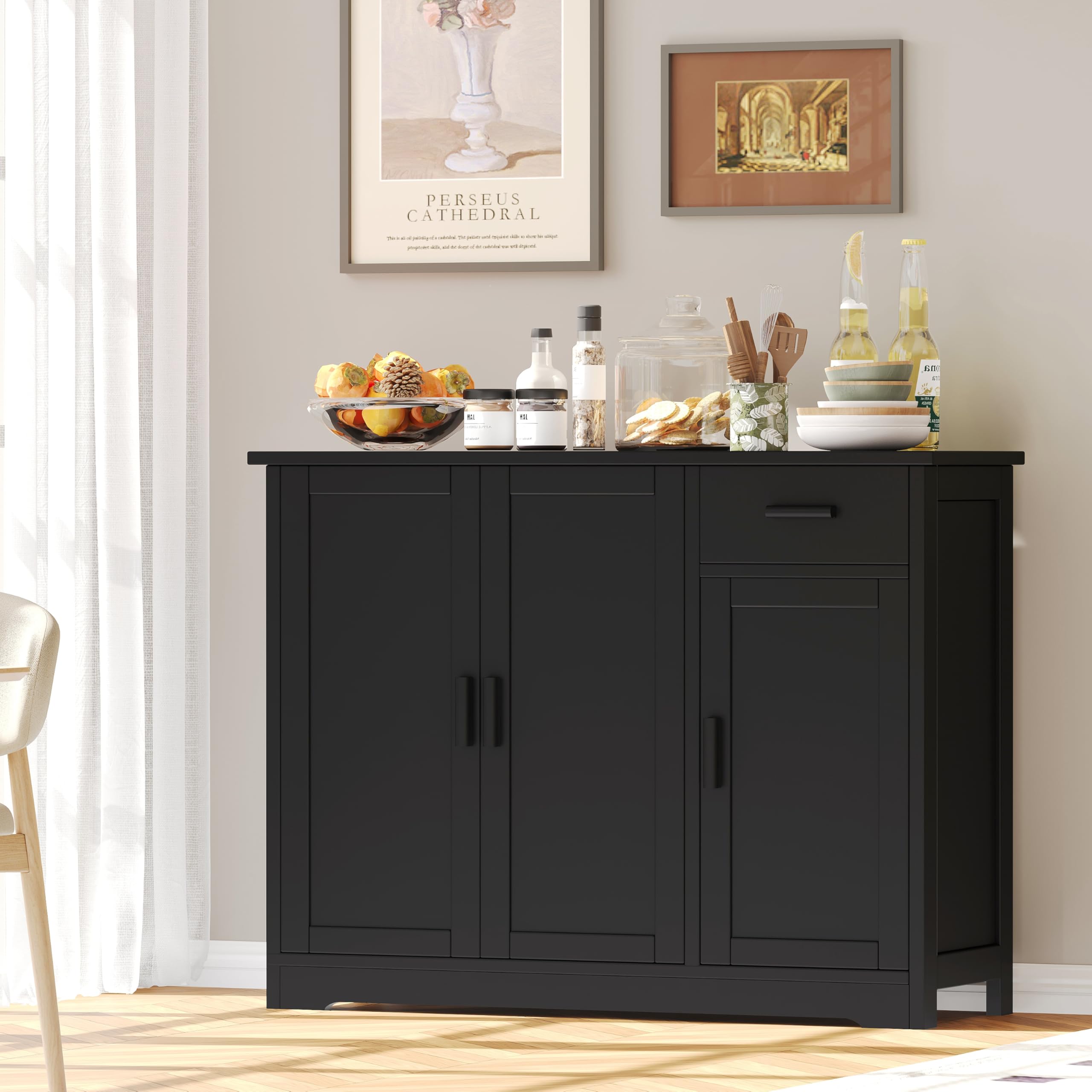 Irontar Modern Kitchen Storage Cabinet with Doors & Drawer - Sideboard Buffet Cabinet, Coffee Bar Console Table for Dining Room, Living Room, Entryway - Black CWG010B | Perfect for Home Organization & Stylish Storage Solutions