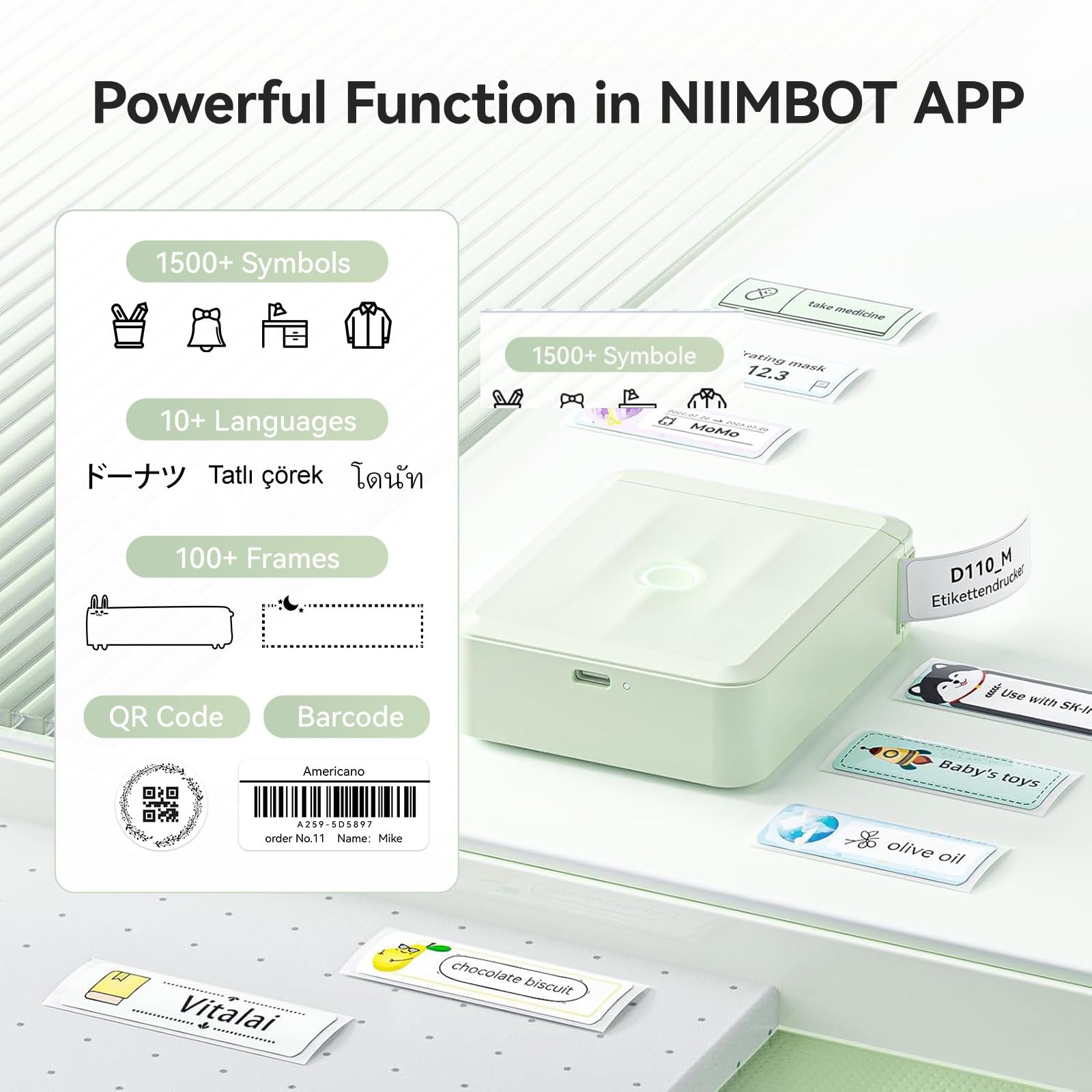 NIIMBOT D110 Bluetooth Label Maker Machine - Handheld Thermal Sticker Printer with Tape for Home, Kitchen, Office & School Organization | Perfect for Labeling Storage Boxes, Spice Jars & School Supplies (Green)