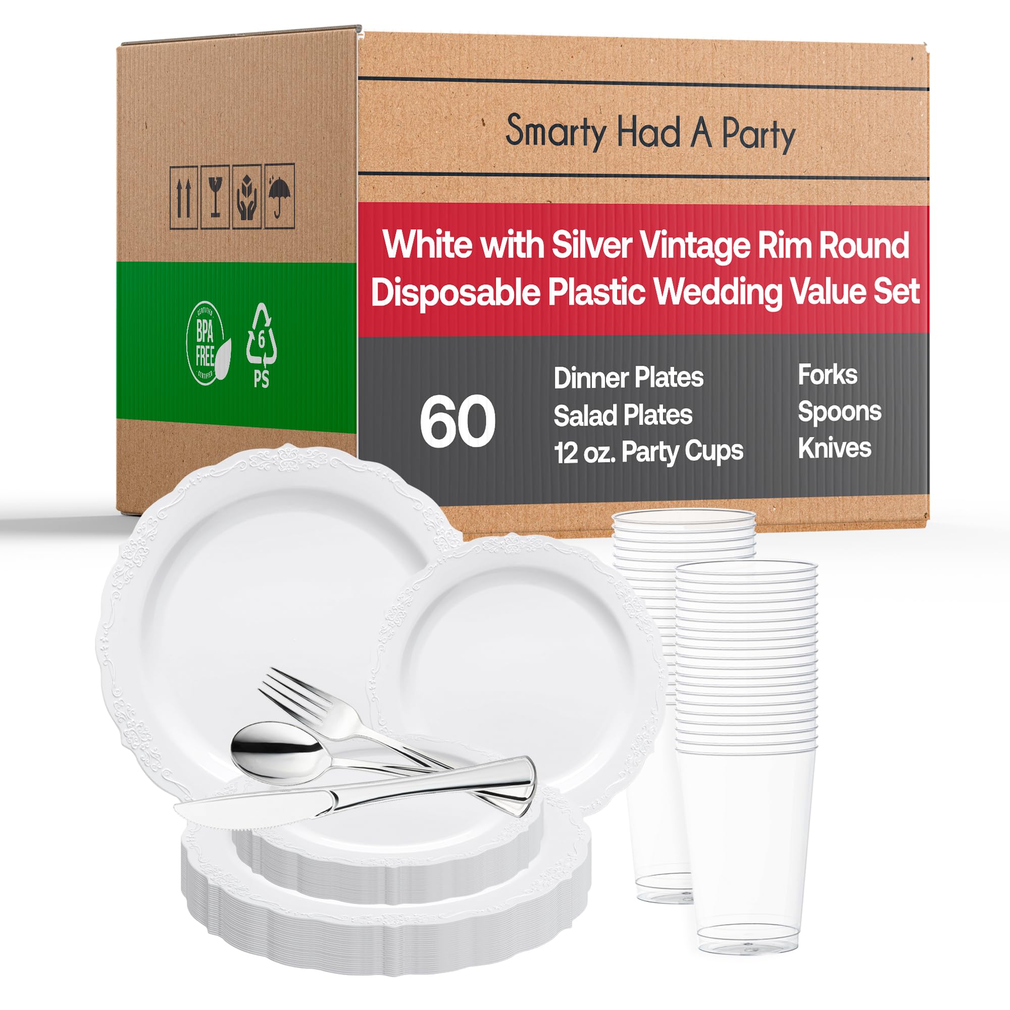 Elegant Disposable Plastic Plates for Parties & Weddings - 60-Piece White with Silver Dinnerware Set - Perfect for Events, Catering & Outdoor Dining