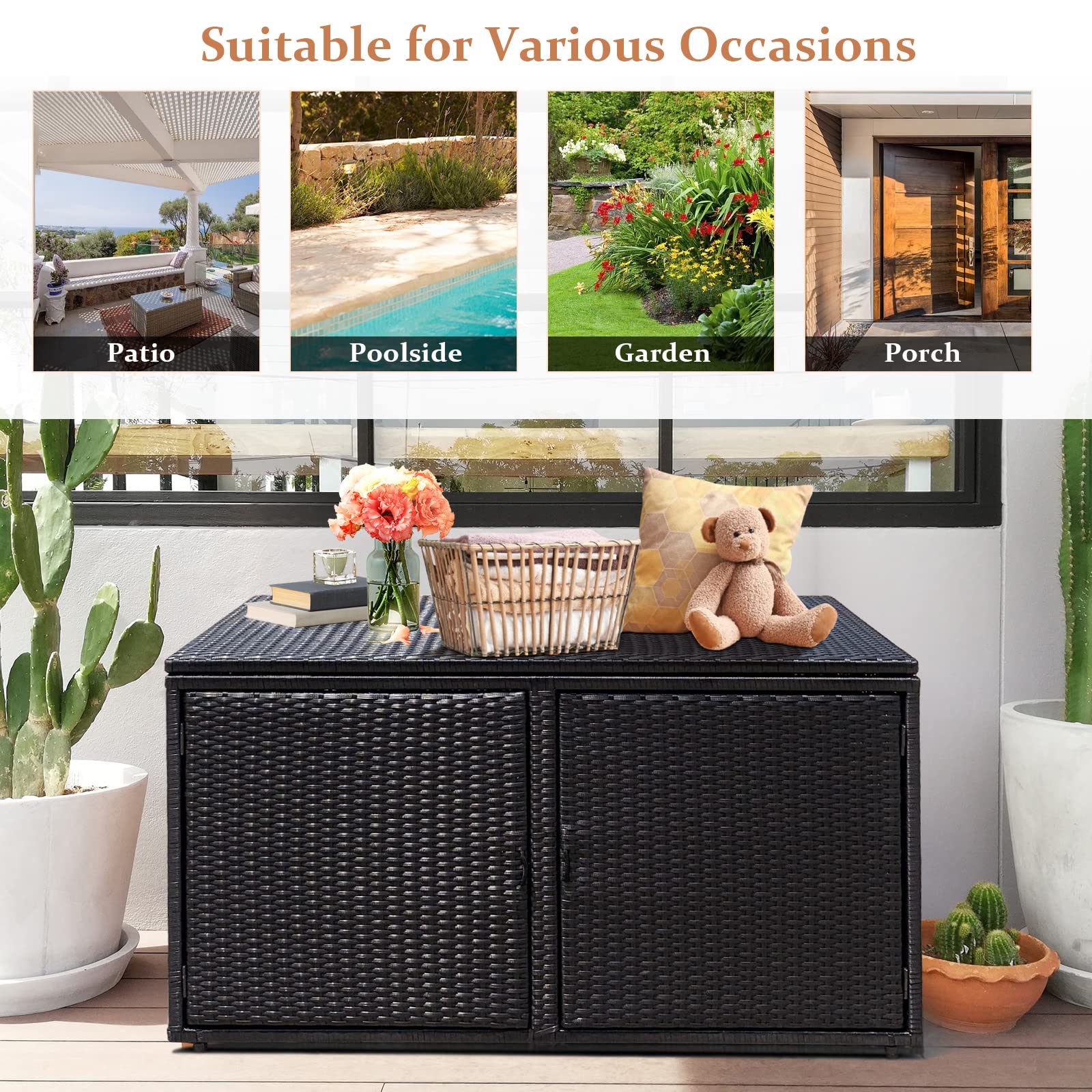 HAPPYGRILL 88 Gallon Outdoor Wicker Storage Box - Rattan Deck Box for Patio Furniture, Garden Tools & Yard Accessories - Weatherproof Storage Solution for Balcony, Porch & Backyard Organization