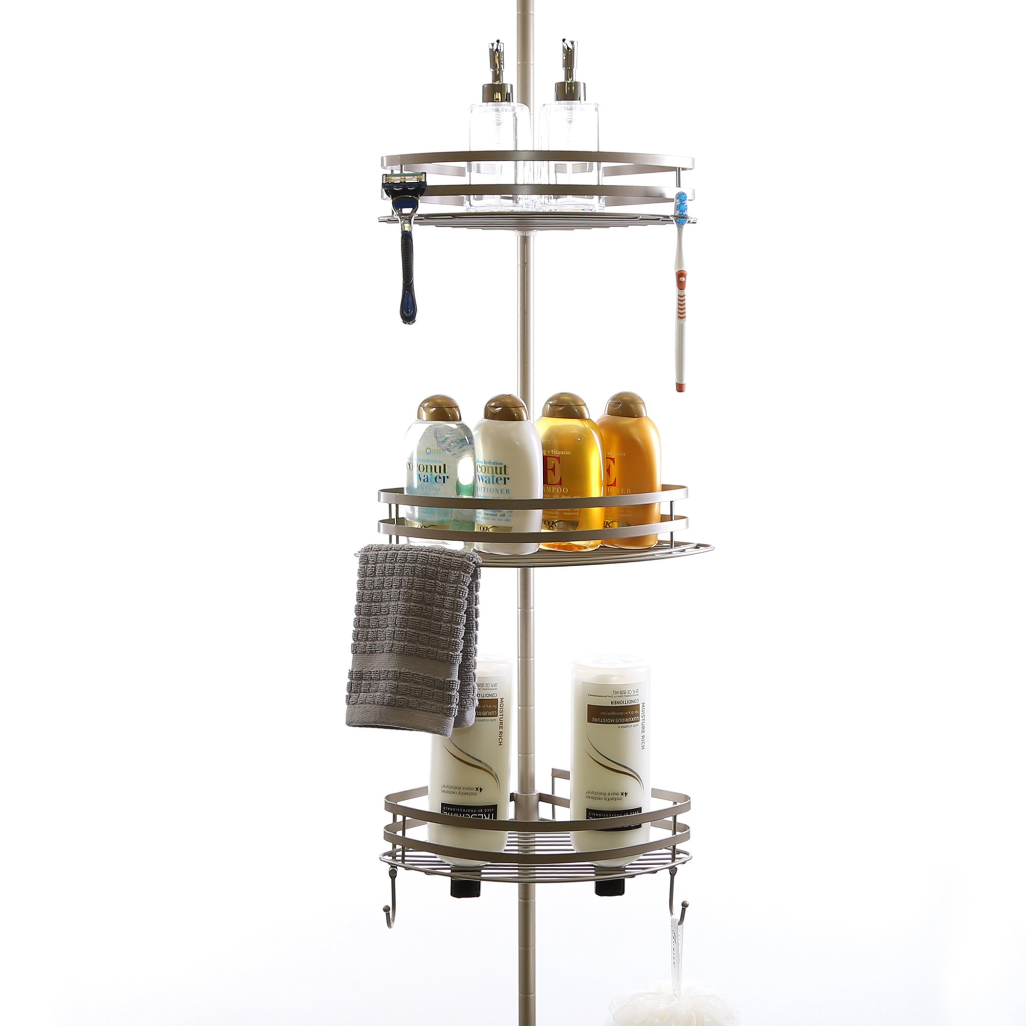 BINO Tension Pole Corner Shower Caddy - Brushed Nickel - Space Saving Shower Organizer with Adjustable Shelves for Bathroom Storage - Perfect for Small Bathrooms, Apartments, and RVs
