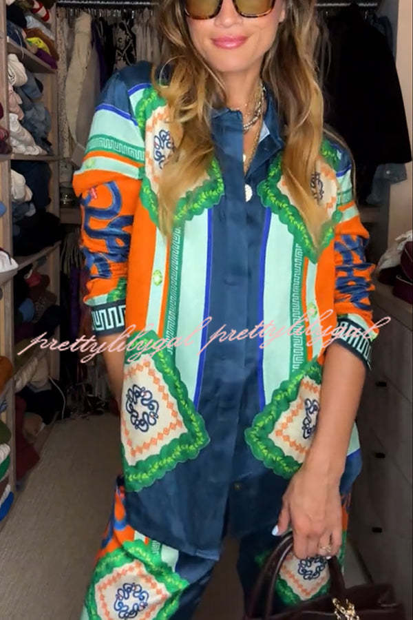 Vacation Times Women's Satin Oversized Button Down Blouse with Unique Print - Elegant Loose Fit Shirt for Casual Outings, Date Nights & Office Wear