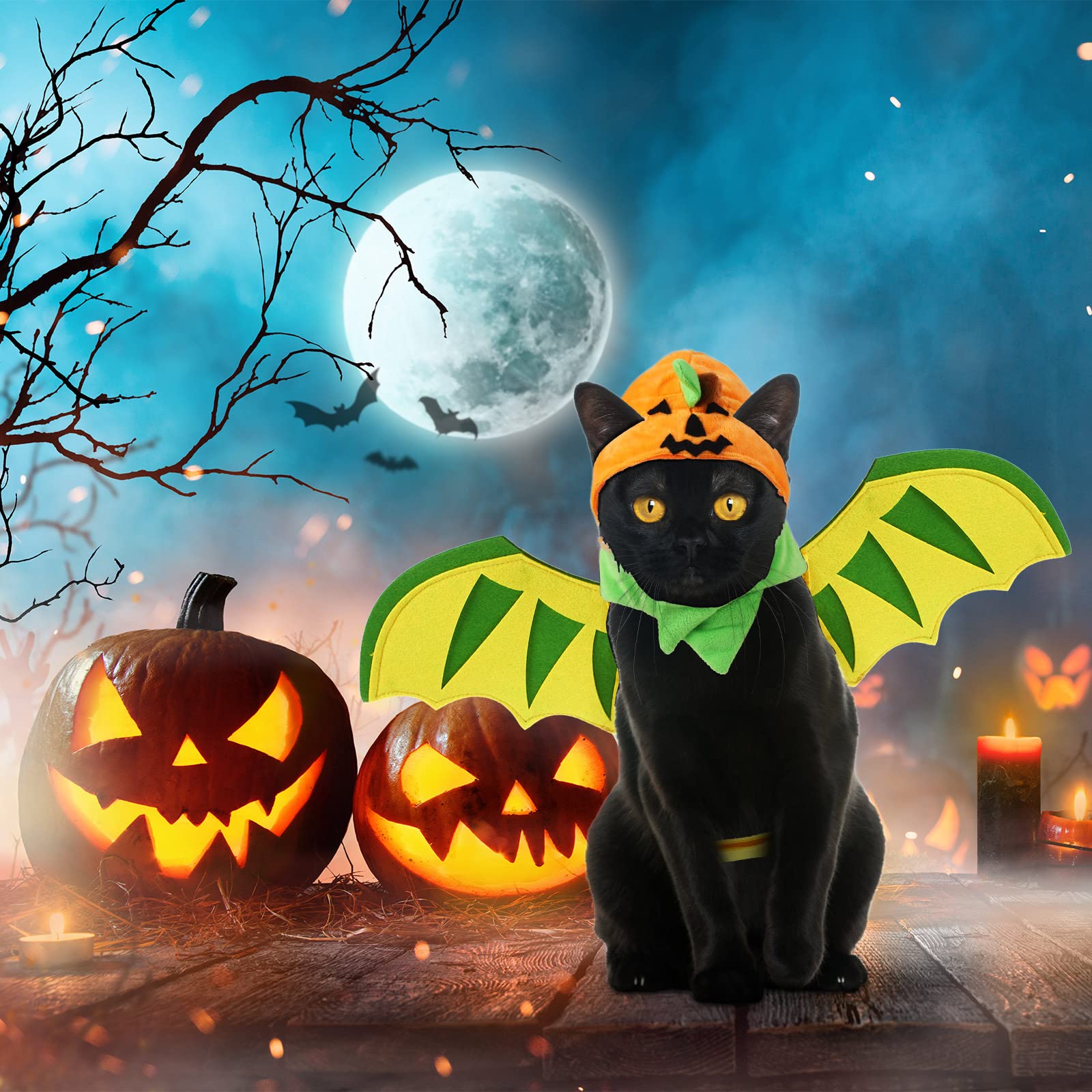 4PCS Halloween Cat Costume Set - Pumpkin Cape, Cute Hat & Bat Wings with Bell | Pet Cosplay Dress Up Accessories for Halloween Parties & Photo Shoots