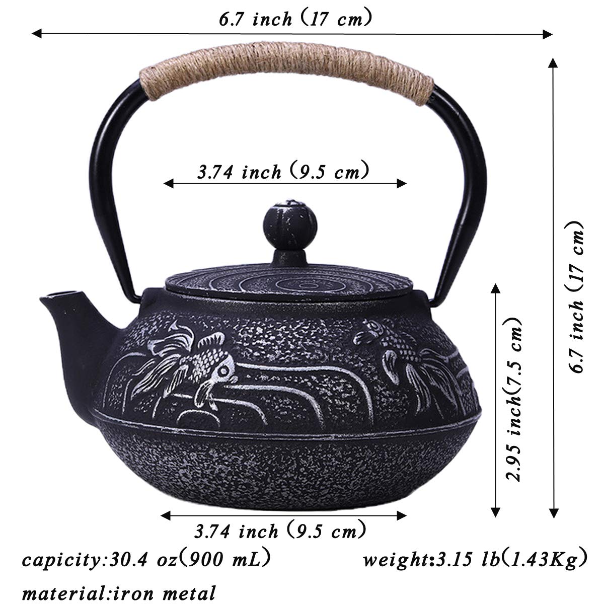 Premium Tetsubin Cast Iron Tea Kettle - Authentic Japanese Fish Pattern Design with Stainless Steel Infuser - 30.4oz Capacity - Perfect for Traditional Tea Ceremonies & Home Brewing