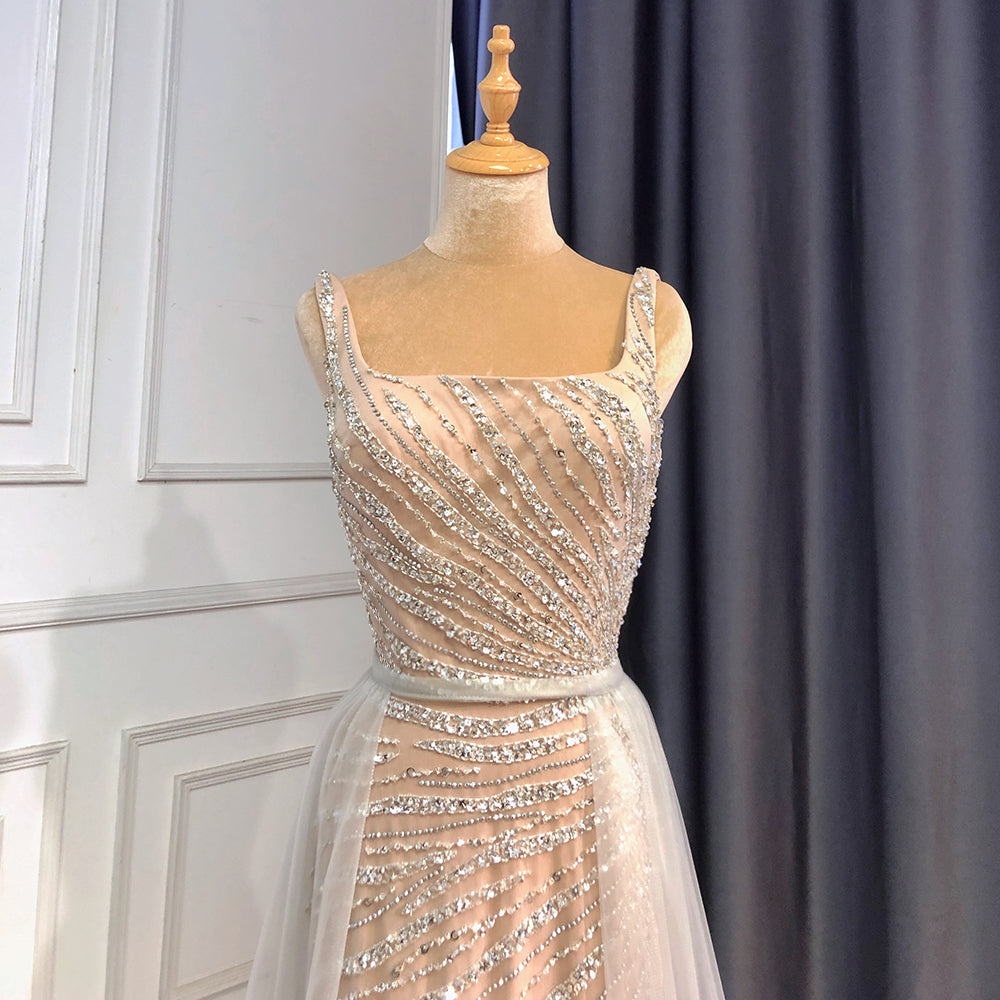 Elegant Grey Nude Mermaid Evening Dress with Detachable Skirt - Beaded Luxury Party Gown for Women 2025 | Perfect for Prom, Wedding Guest & Formal Events