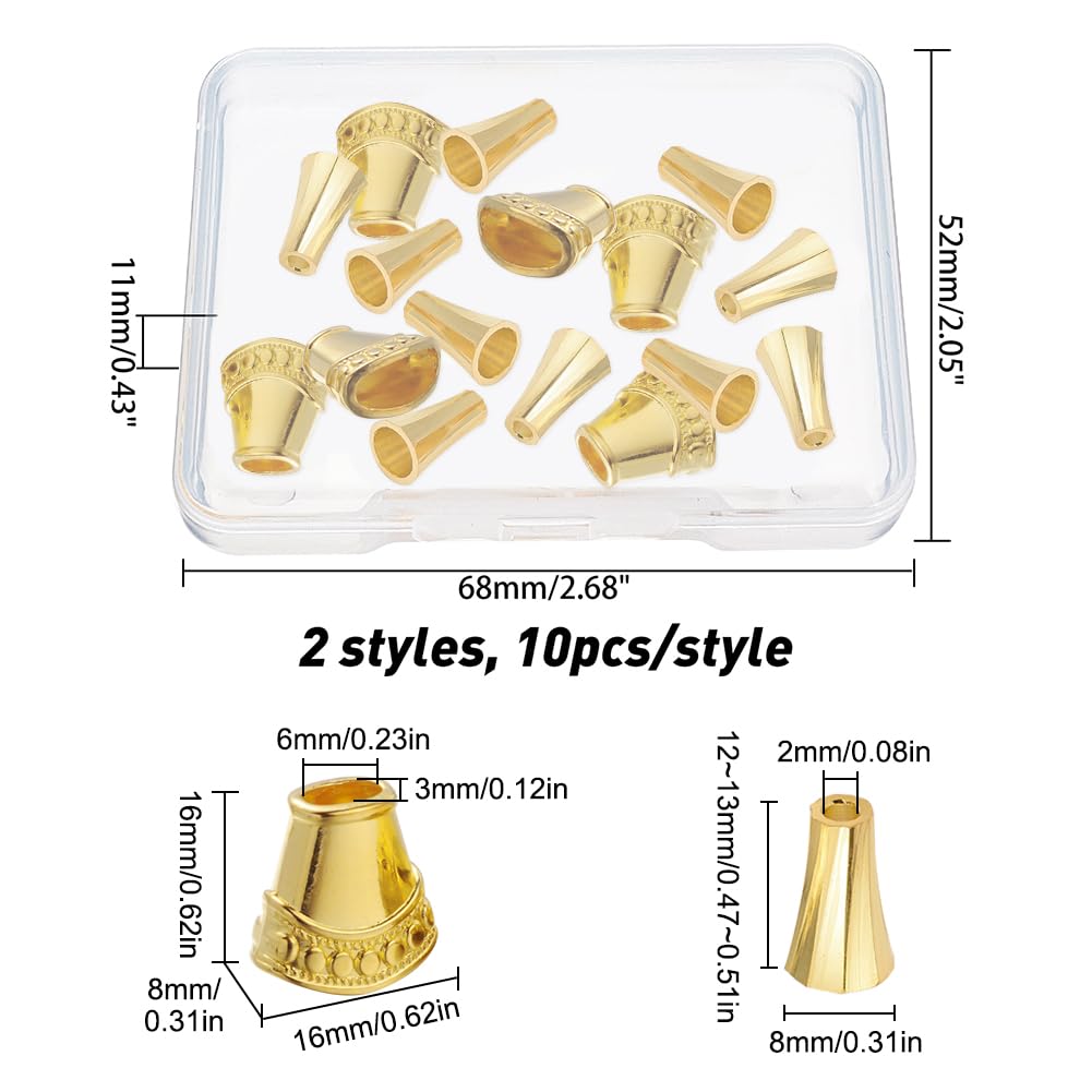 CHGCRAFT 20Pcs 2 Styles 10x7.5mm 18K Gold Plated Brass Bead Cones & End Caps - Antique Golden Spacer Beads for DIY Jewelry Making (Earrings, Necklaces, Bracelets) - Perfect for Boho, Vintage & Handmade Jewelry Designs