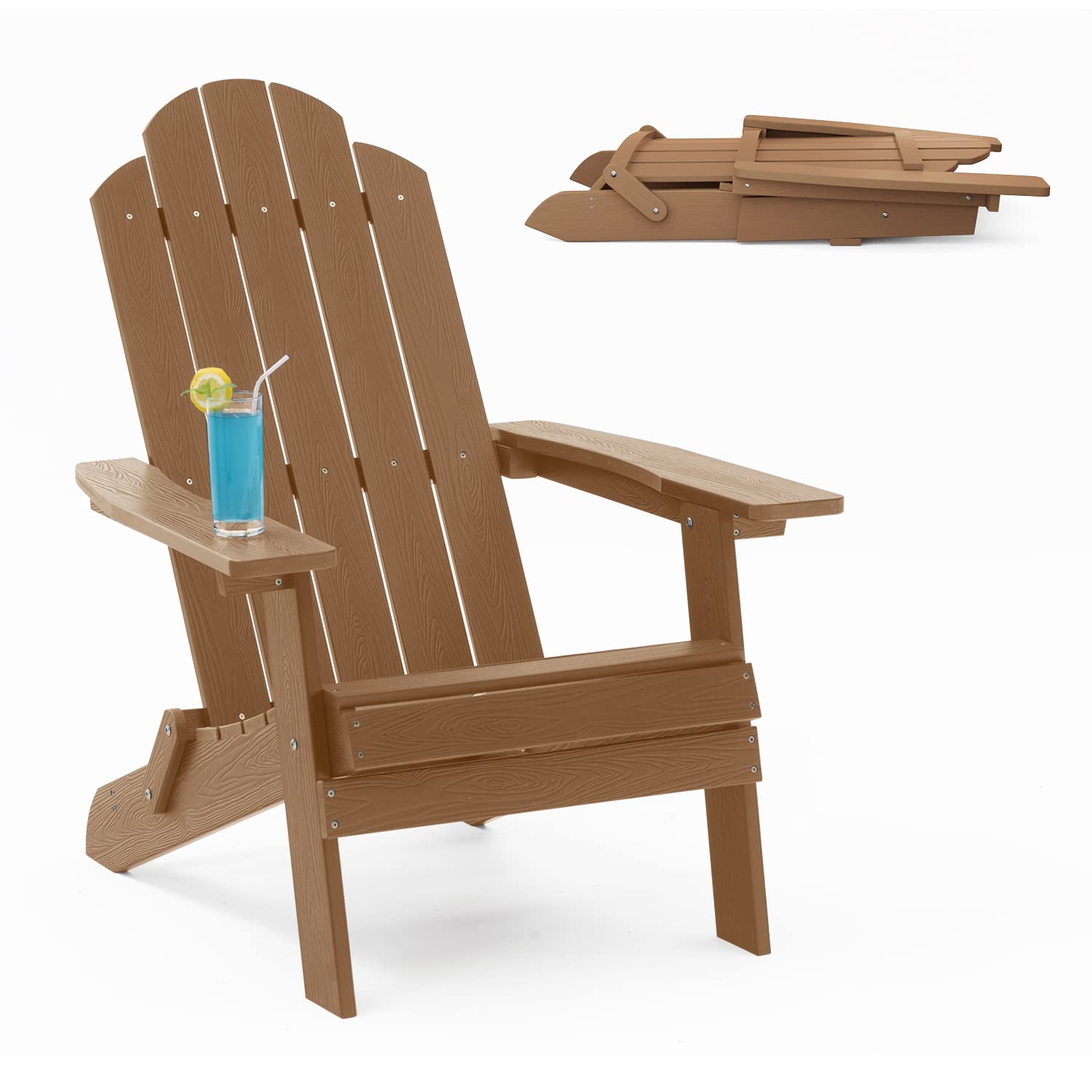 MXIMU Folding Adirondack Chair - Teak Plastic Outdoor Chair for Lawn, Backyard, Deck, Garden & Camping | Fire Pit Seating & Patio Relaxation