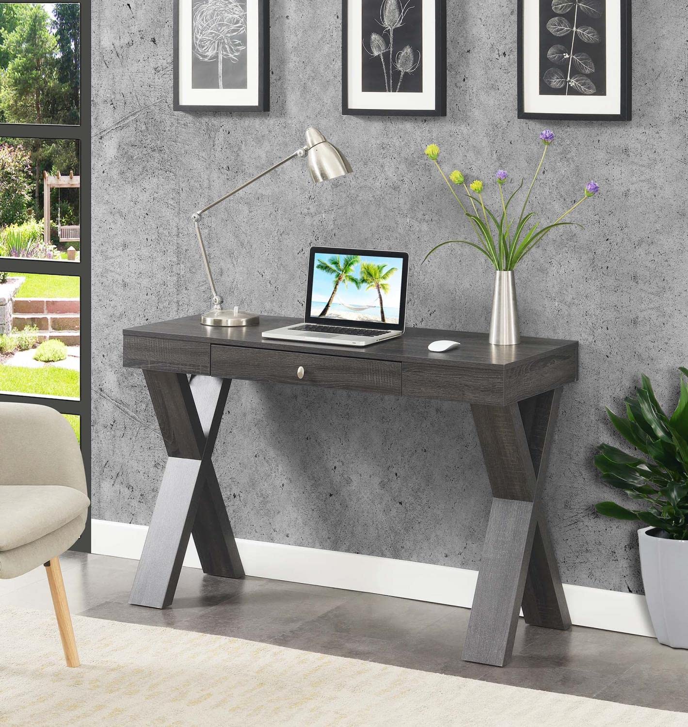 Convenience Concepts Newport 1 Drawer Desk in Weathered Gray - Compact Writing Desk for Home Office, Study Room & Small Spaces