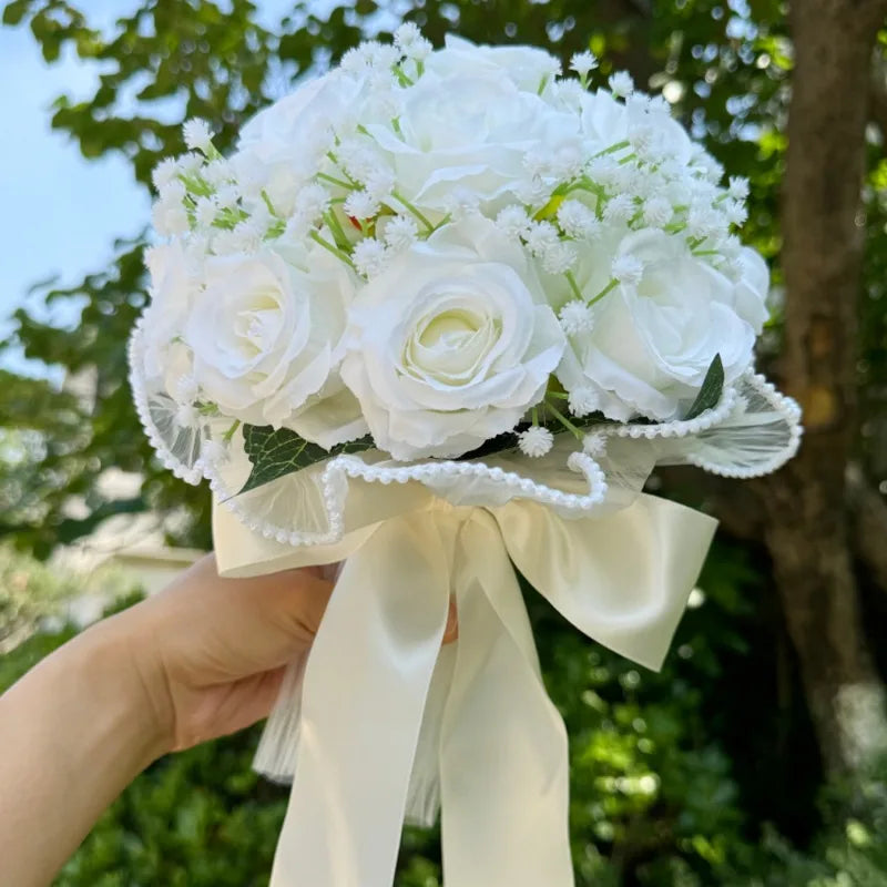 Elegant Silk Rose Bridal Bouquet with Pearl & Lace Accents - Perfect for Weddings, Bridesmaids & Anniversary Celebrations