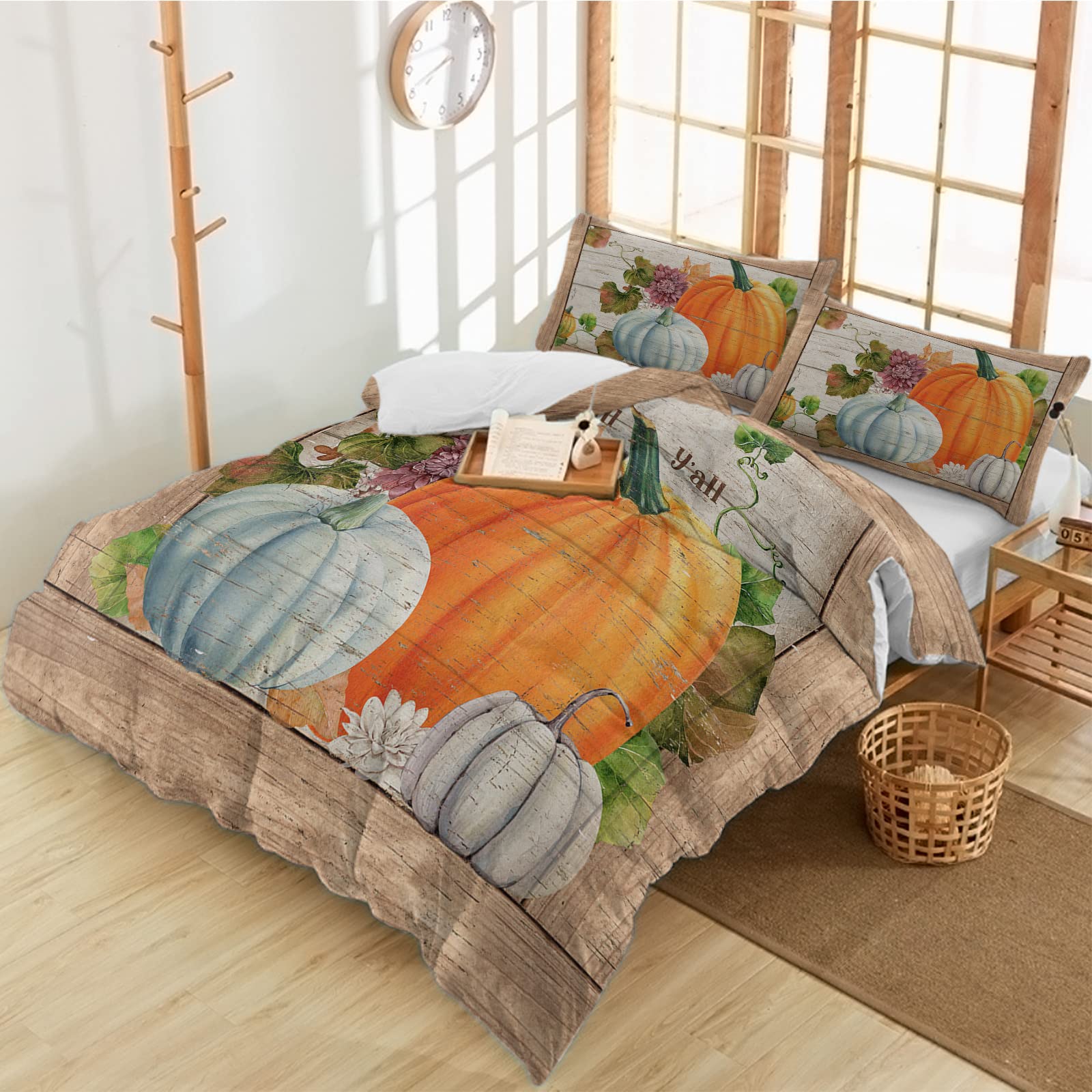Vintage Farm Pumpkin Twin Duvet Cover Set - 3 Piece Soft Luxury Printed Comforter Cover with 2 Pillow Shams | Watercolor Vegetable Wooden Plank Design for Bedroom Decor | Perfect for Guest Rooms, Kids' Rooms & Farmhouse Style Homes
