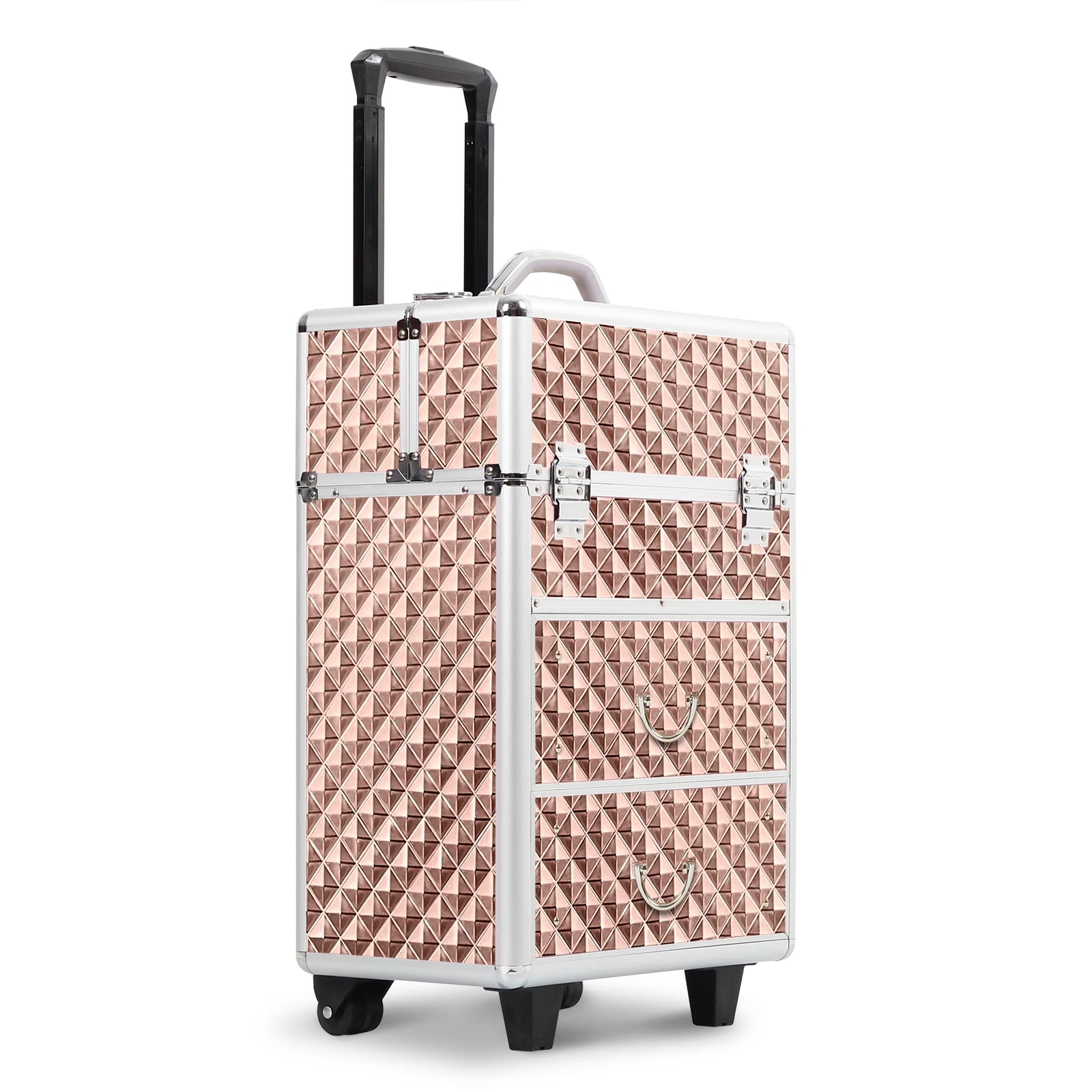 CAMORSA Professional Rolling Makeup Train Case with 3 Drawers & Trays - 22.4 x 14.3 x 9 Inch Portable Cosmetology Organizer - Lockable Swivel Wheels for Hairstylists, Nail Technicians - Perfect for Salon, Travel & Mobile Beauty Services (Champagne Color)