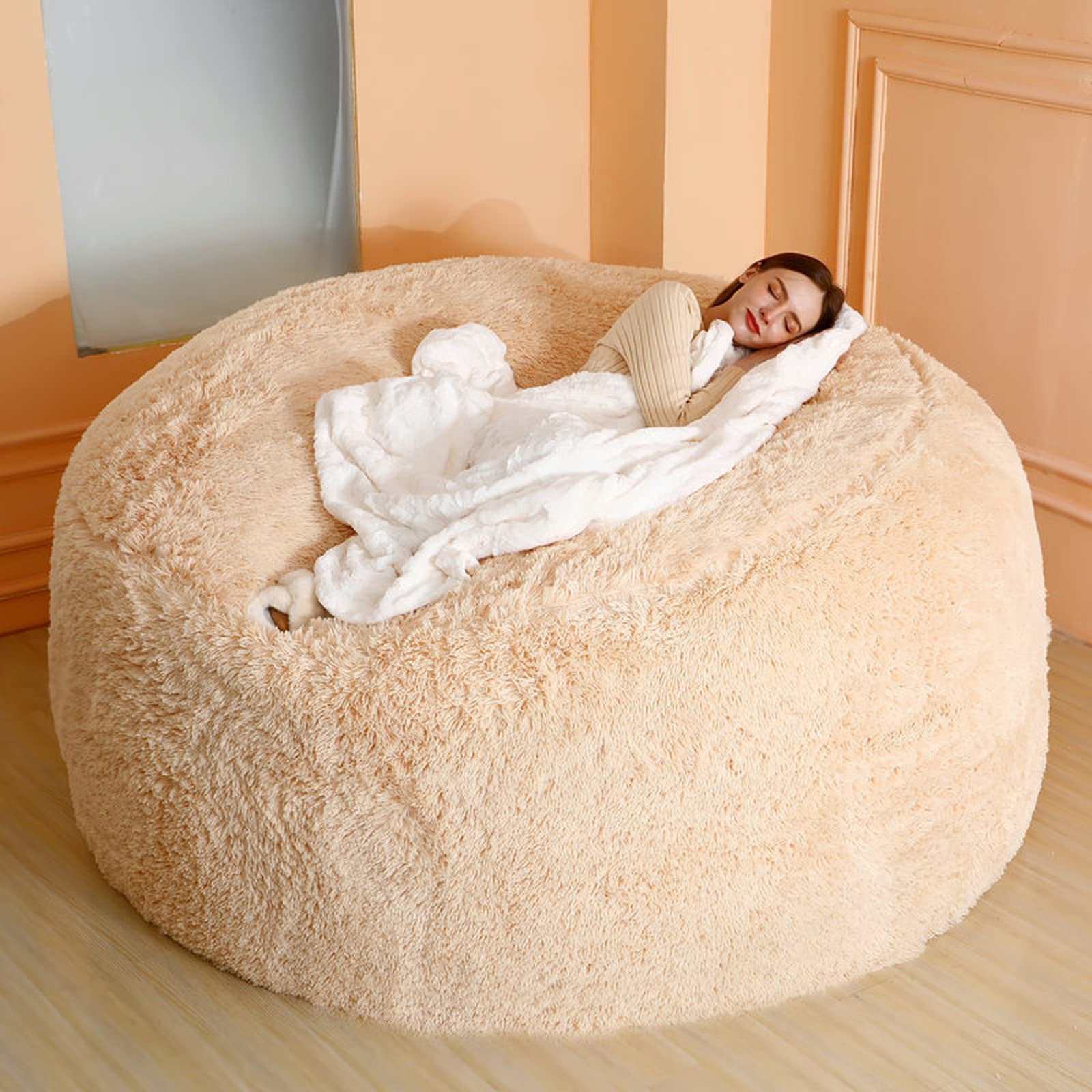 HBCC Large Round Bean Bag Chair Cover - Soft Fluffy Sofa Bed Cushion Replacement (No Filler Included) | Durable Living Room Furniture Accessory for Lounge, Game Room & Kids Play Area