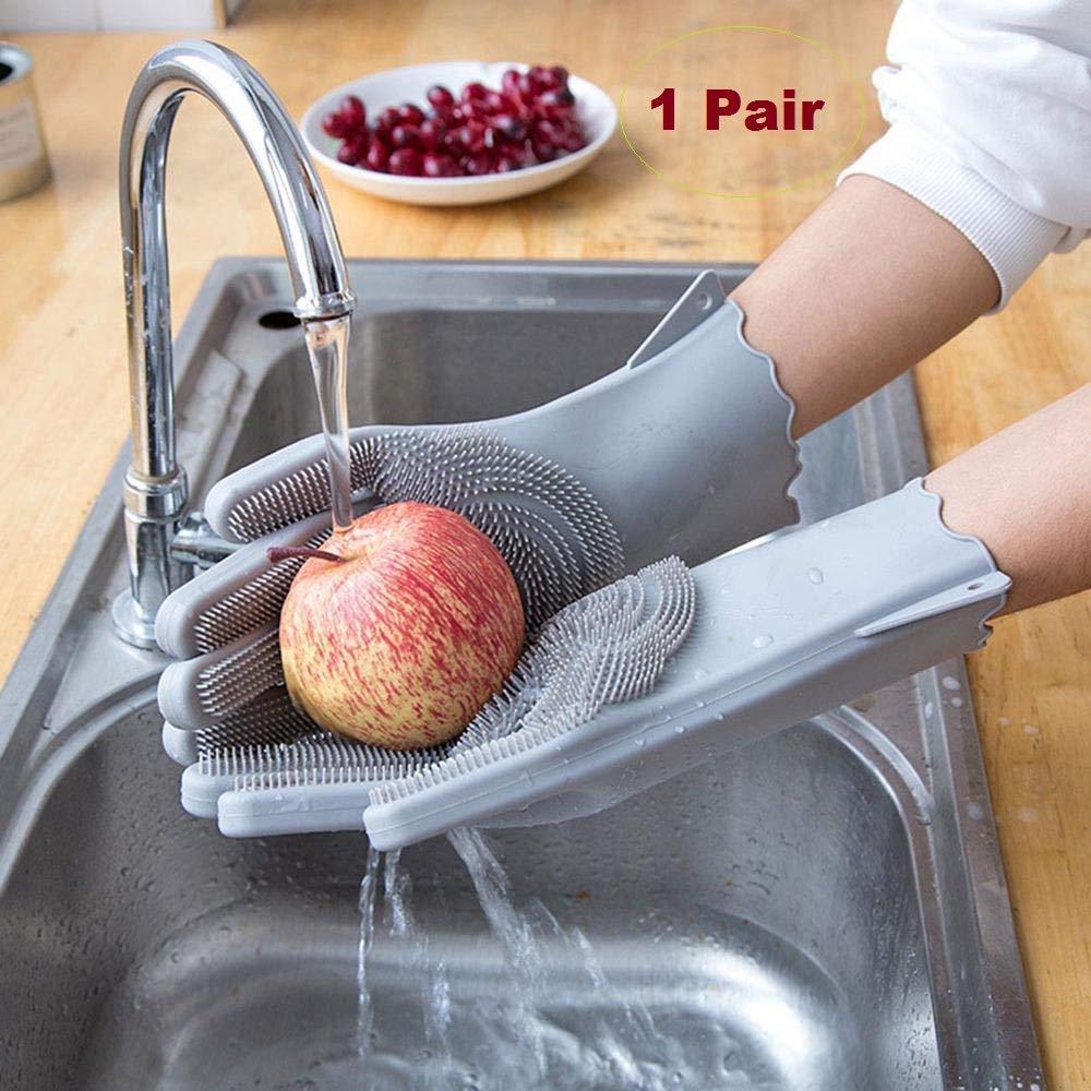 Heat Resistant Magic Silicone Gloves with Scrubber - Reusable Kitchen Cleaning Gloves for Dish Washing, Car Cleaning & Pet Hair Removal (1 Pair) - Perfect for Hot Pots, Grill Cleaning & Household Chores